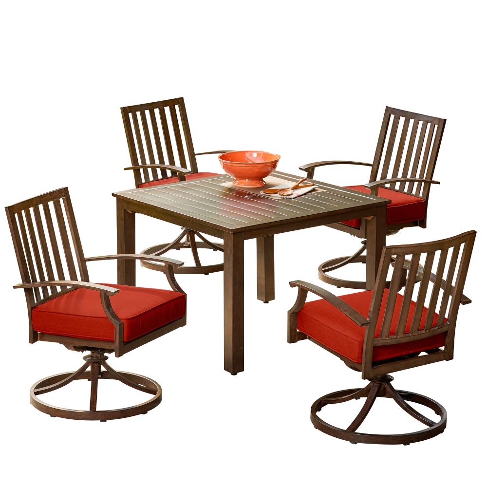Royal Garden LAKDST503 Forest Glen 5 -Piece Brown Woodgrain Patio Dining Set Aluminum Square Table with 4 Red Cushions Swivel Chairs
