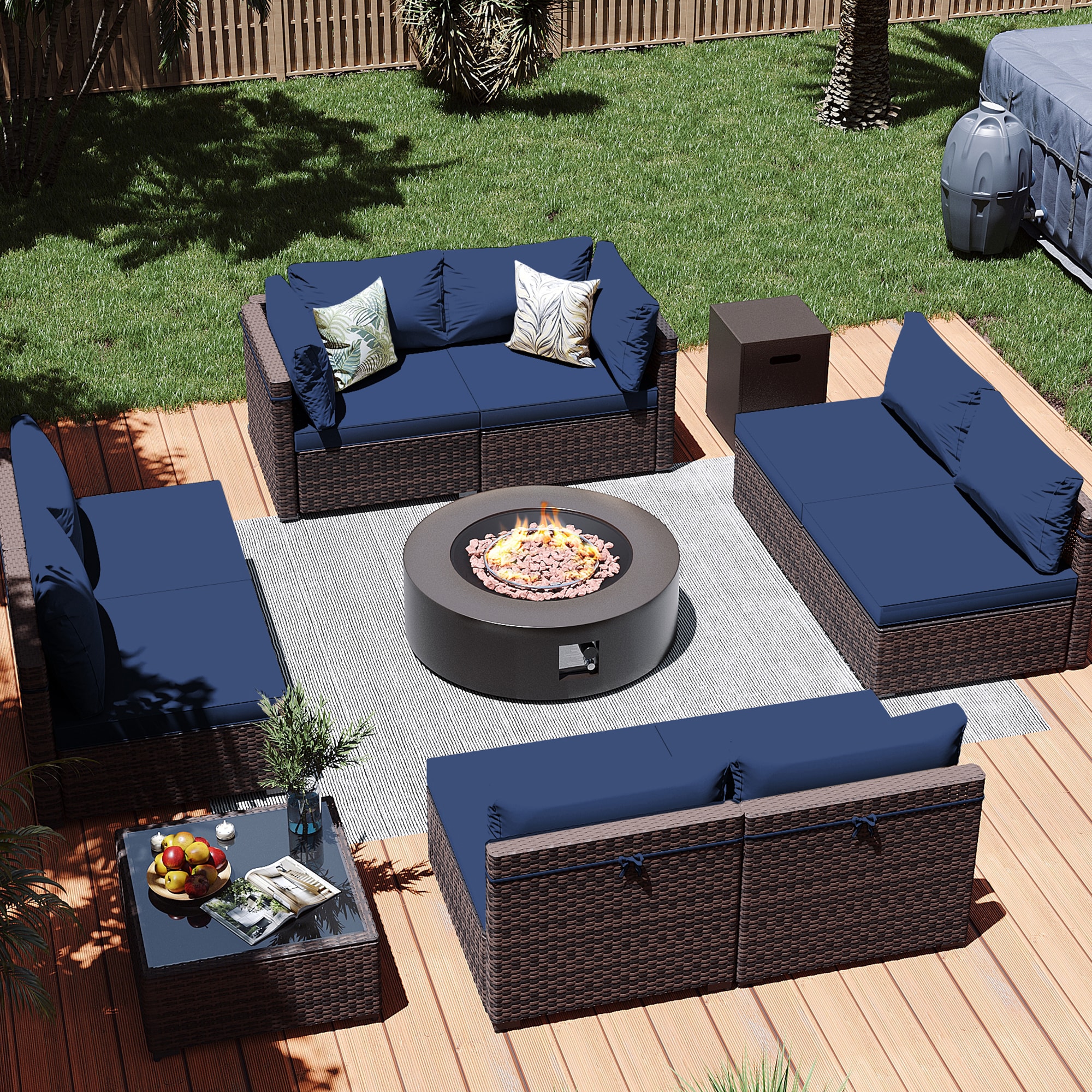 Patio Watcher LS-RT9-KD42BR-B2 10 -Piece Rattan Patio Conversation Set with Blue Cushions
