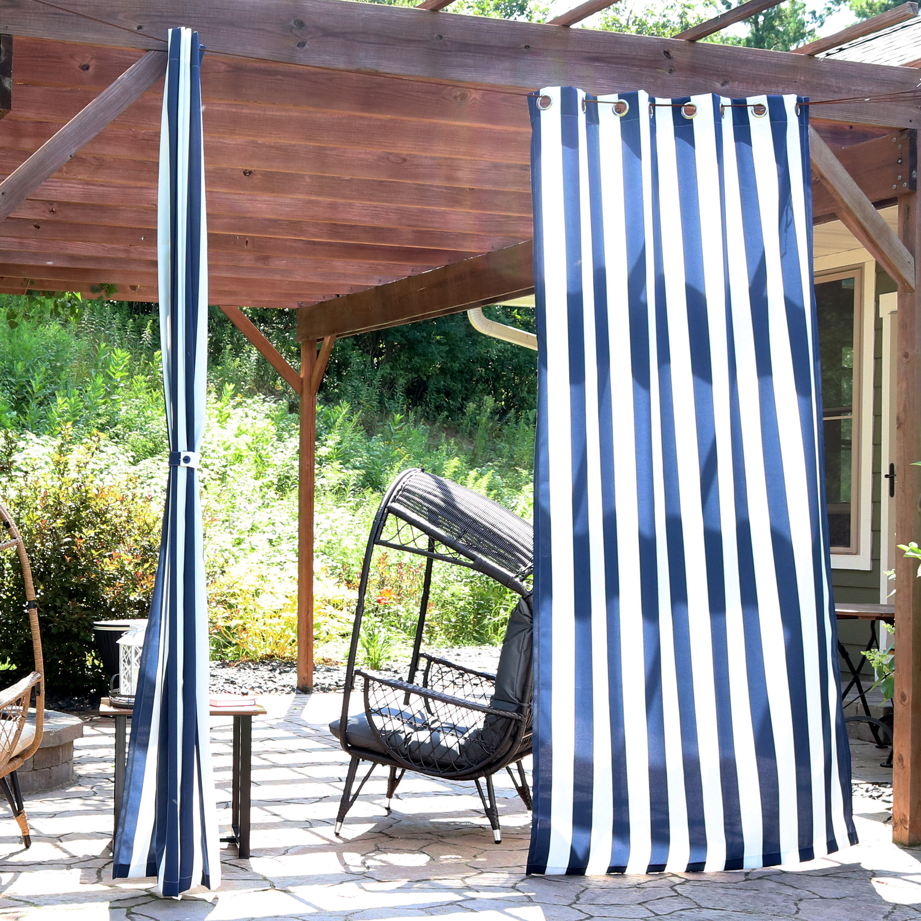Blue and White Stripe Polyester Light-Filtering Grommet Curtain Panel
