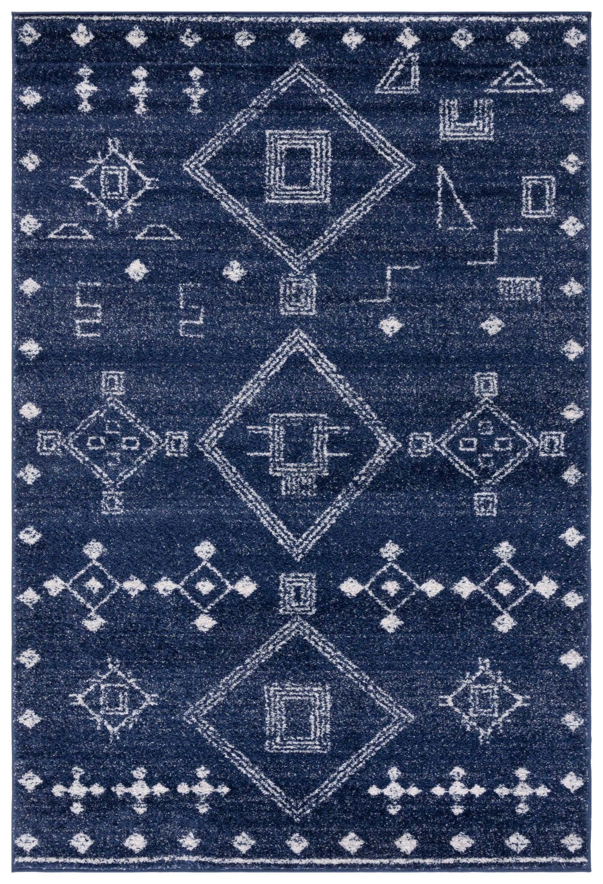Navy and Silver Moroccan Boho Synthetic Area Rug