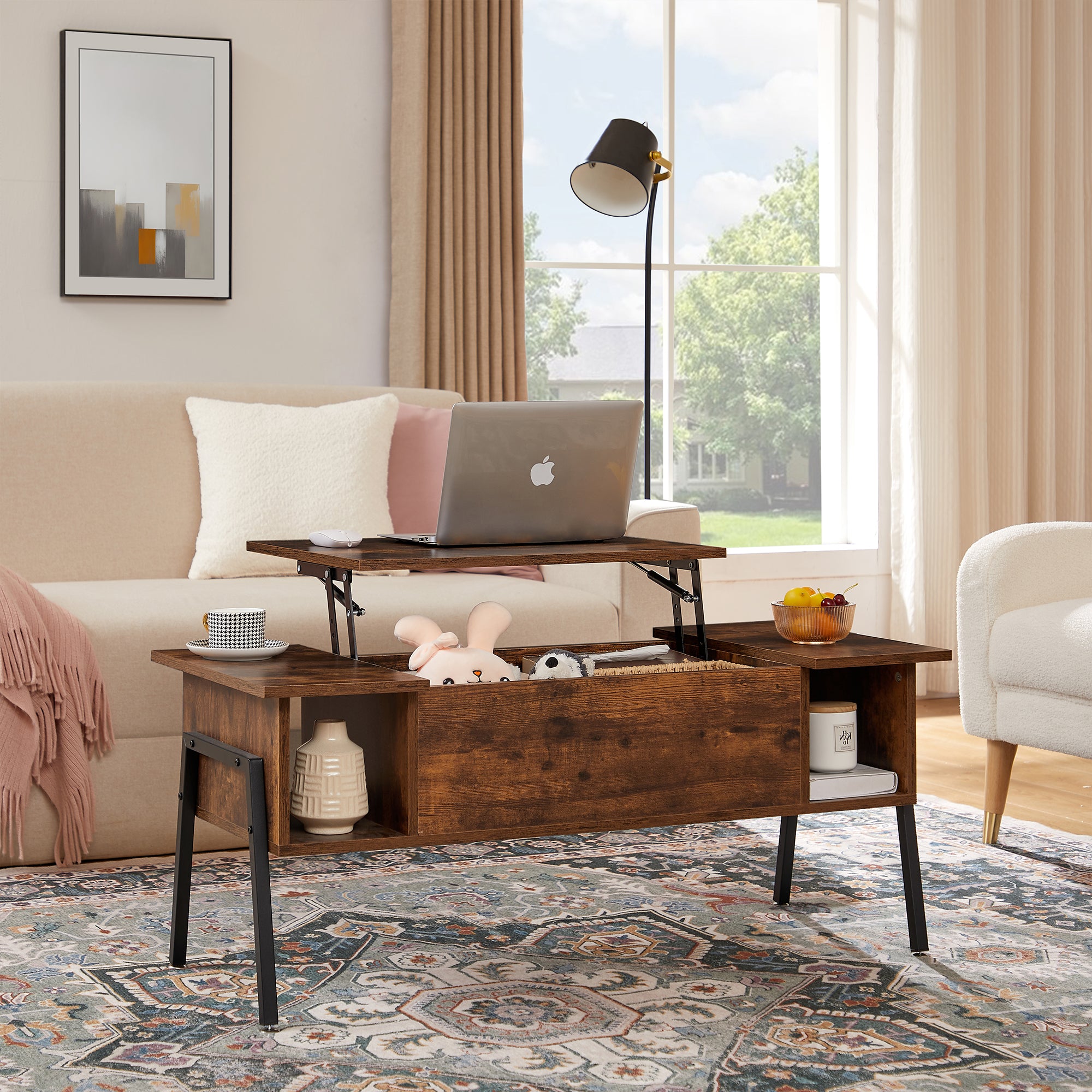 Vecelo LOE-COT06-BRN Lift Top Coffee Table with Hidden Compartment and Storage Shelf for Living Room Office Reception