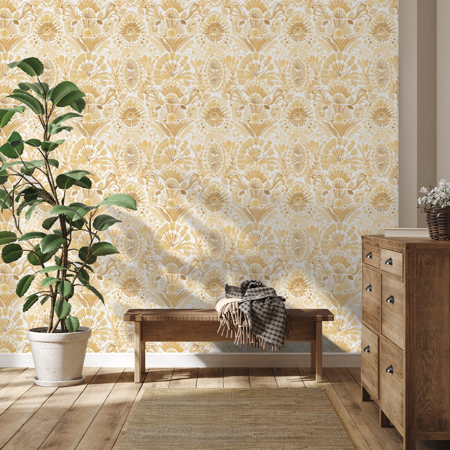 Saffron Sun Damask Peel and Stick Wallpaper Roll