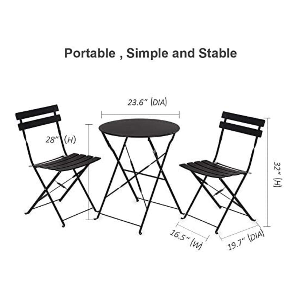 Clihome Modern Black Steel Bistro Patio Dining Set with Folding Table ...