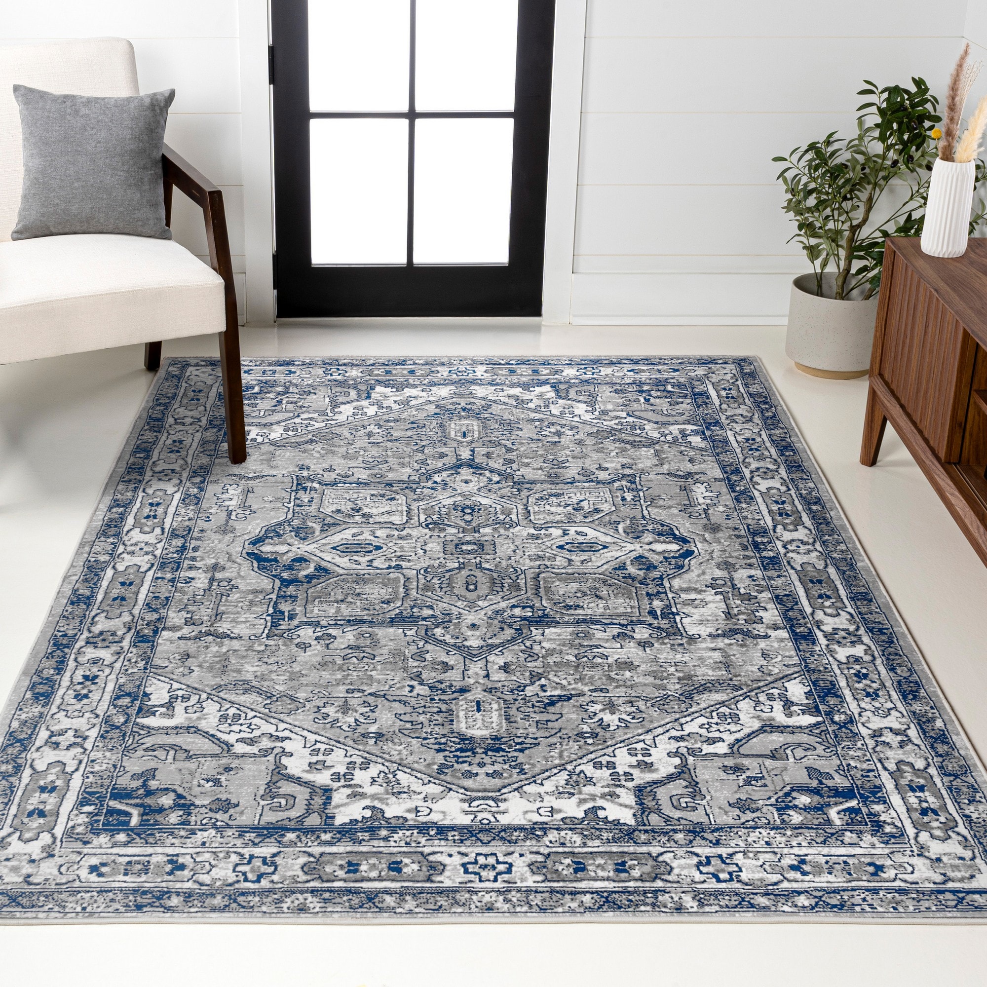 JONATHAN  Y MDP106B-5 MODERN PERSIAN Vintage 5 x 8 (ft) Loomed Light Grey/Navy Rectangular Indoor Medallion Persian Pet Friendly Area rug