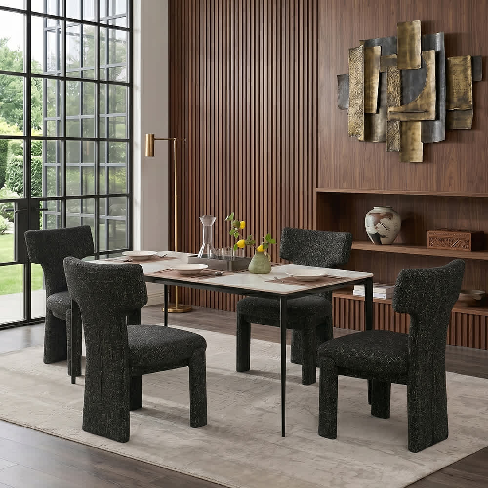 Coolbibila - Modern Black Gray Upholstered Chenille Dining Chairs Set of 4 with Curved Back for D...
