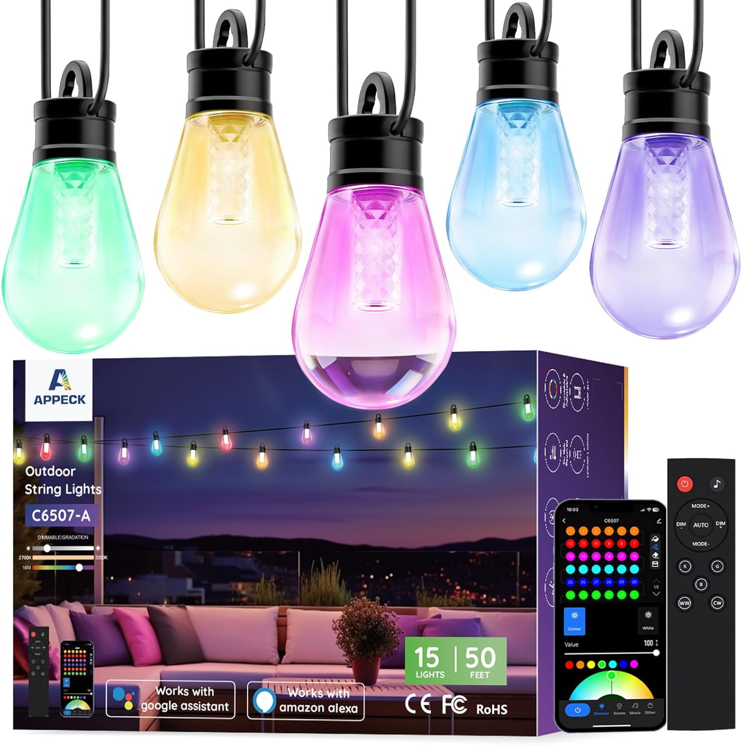 APPECK White LED Outdoor String Lights with App Control and Scene Modes