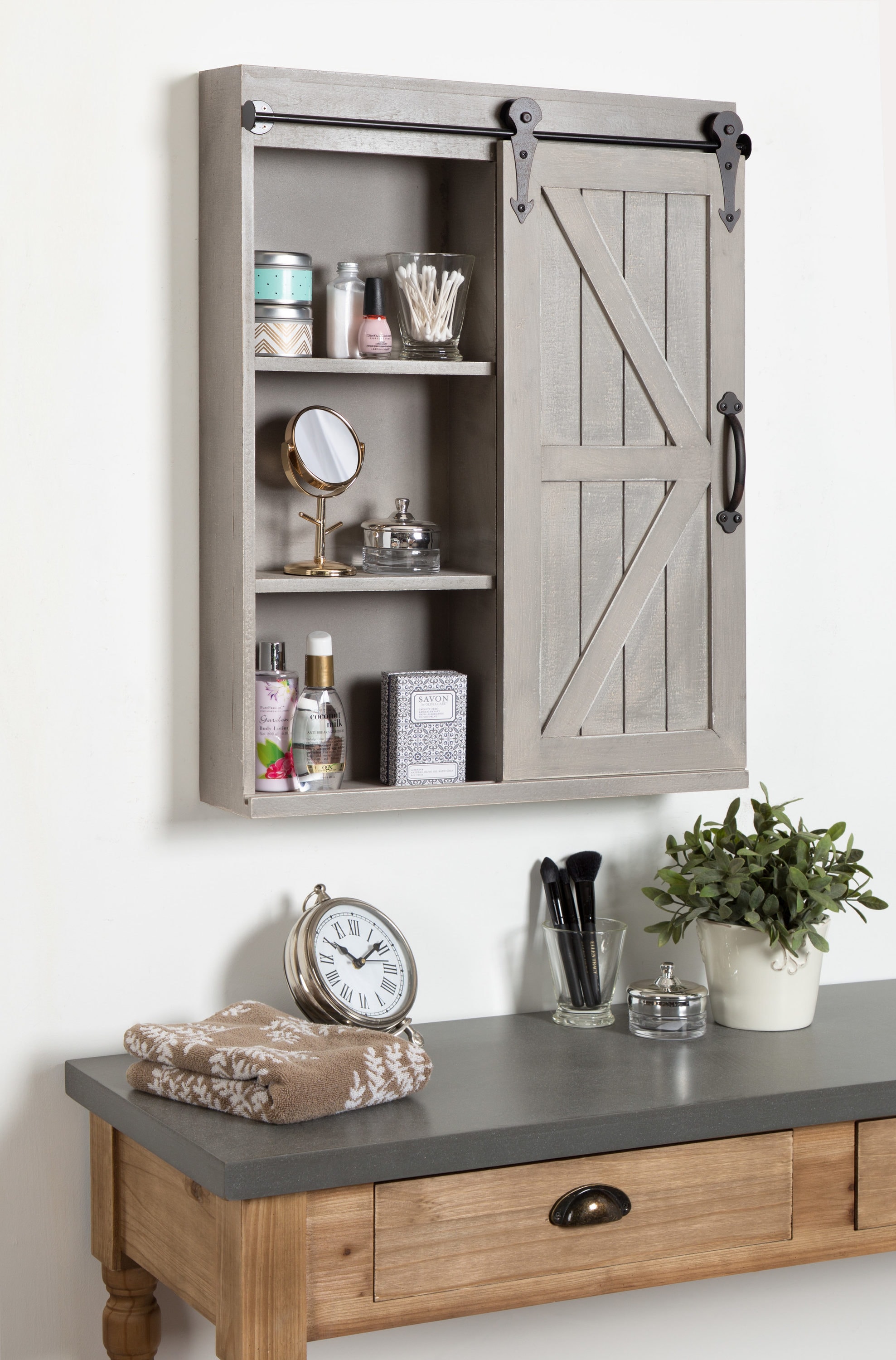 Rustic Gray Farmhouse Vanity Mirror Cabinet with Sliding Barn Door