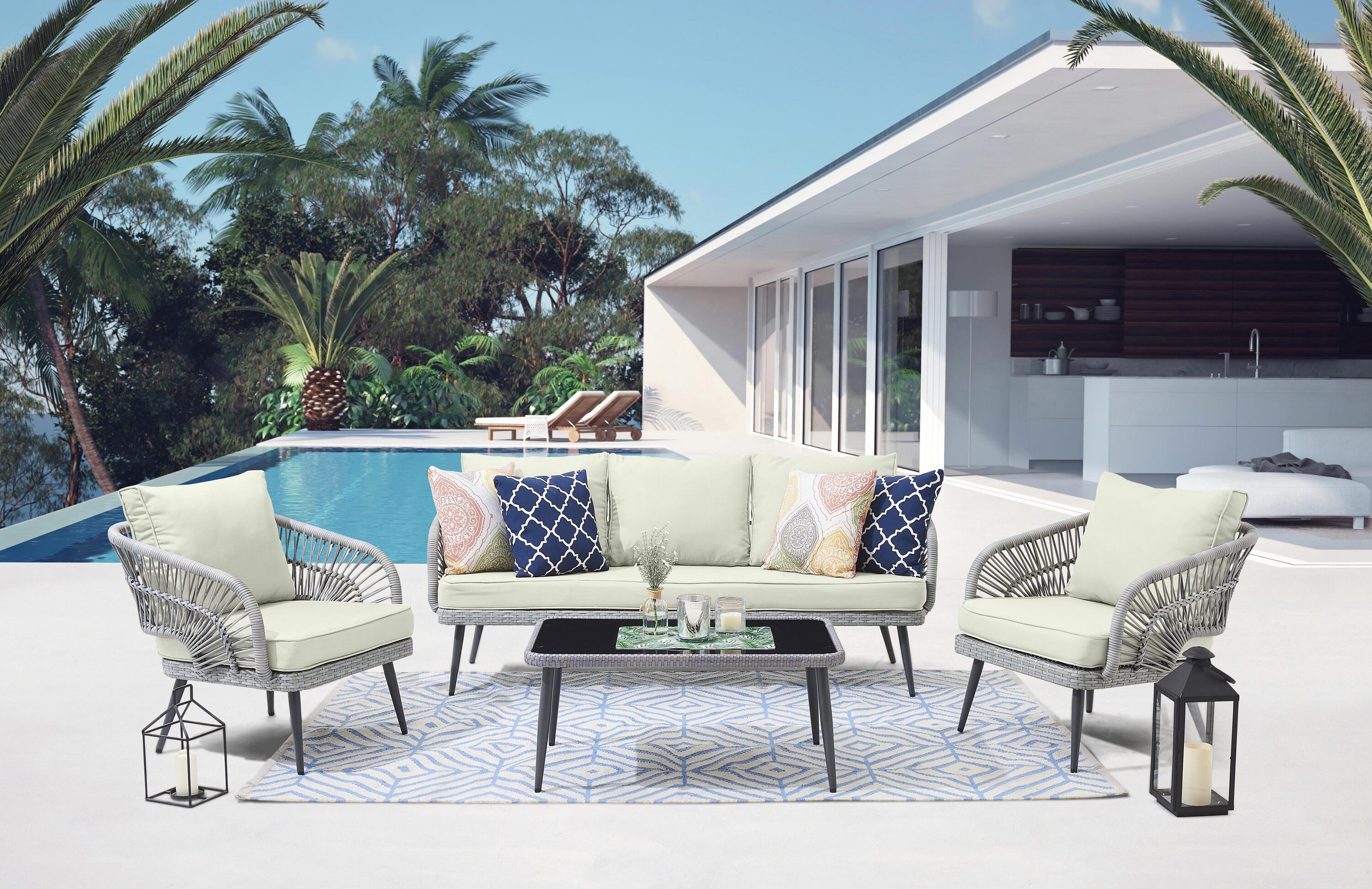 Manhattan Comfort OD-CV015-CR Cannes 4 -Piece Wicker Patio Conversation Set with Off-white Cushions