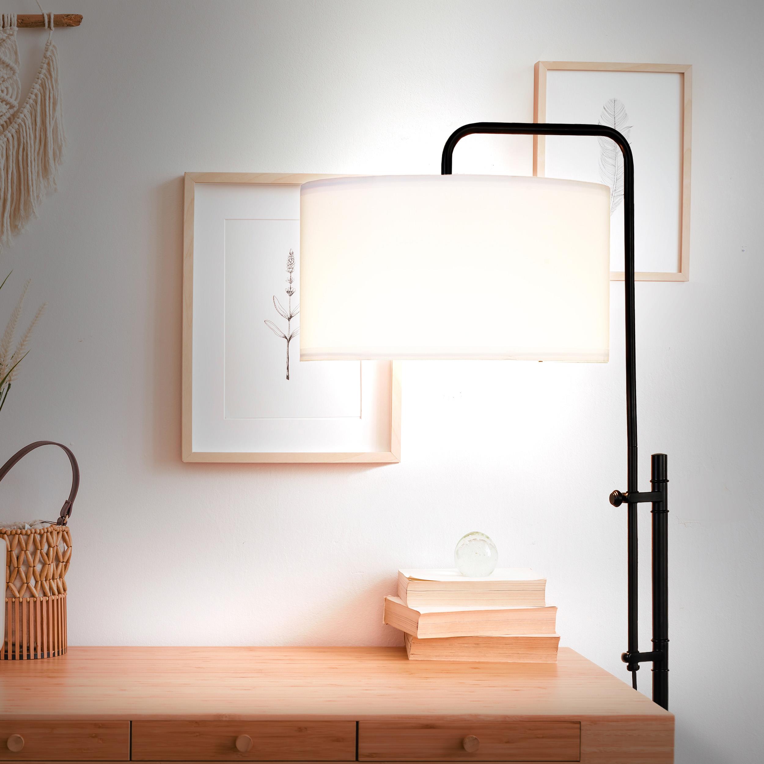 Leo Adjustable Black Arc Floor Lamp with White Fabric Shade