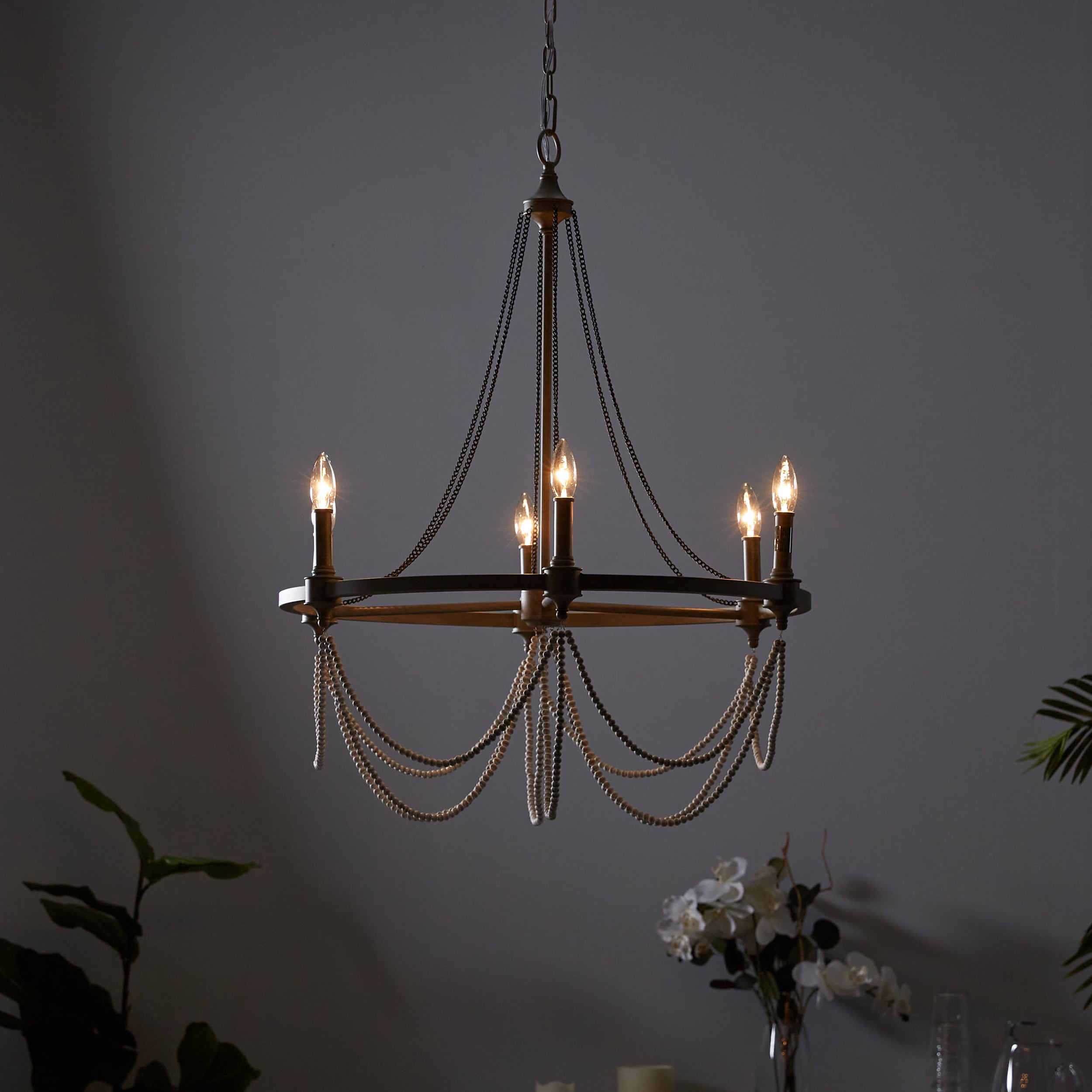 Beverly 28" French Washed Oak & Distressed White 6-Light Chandelier