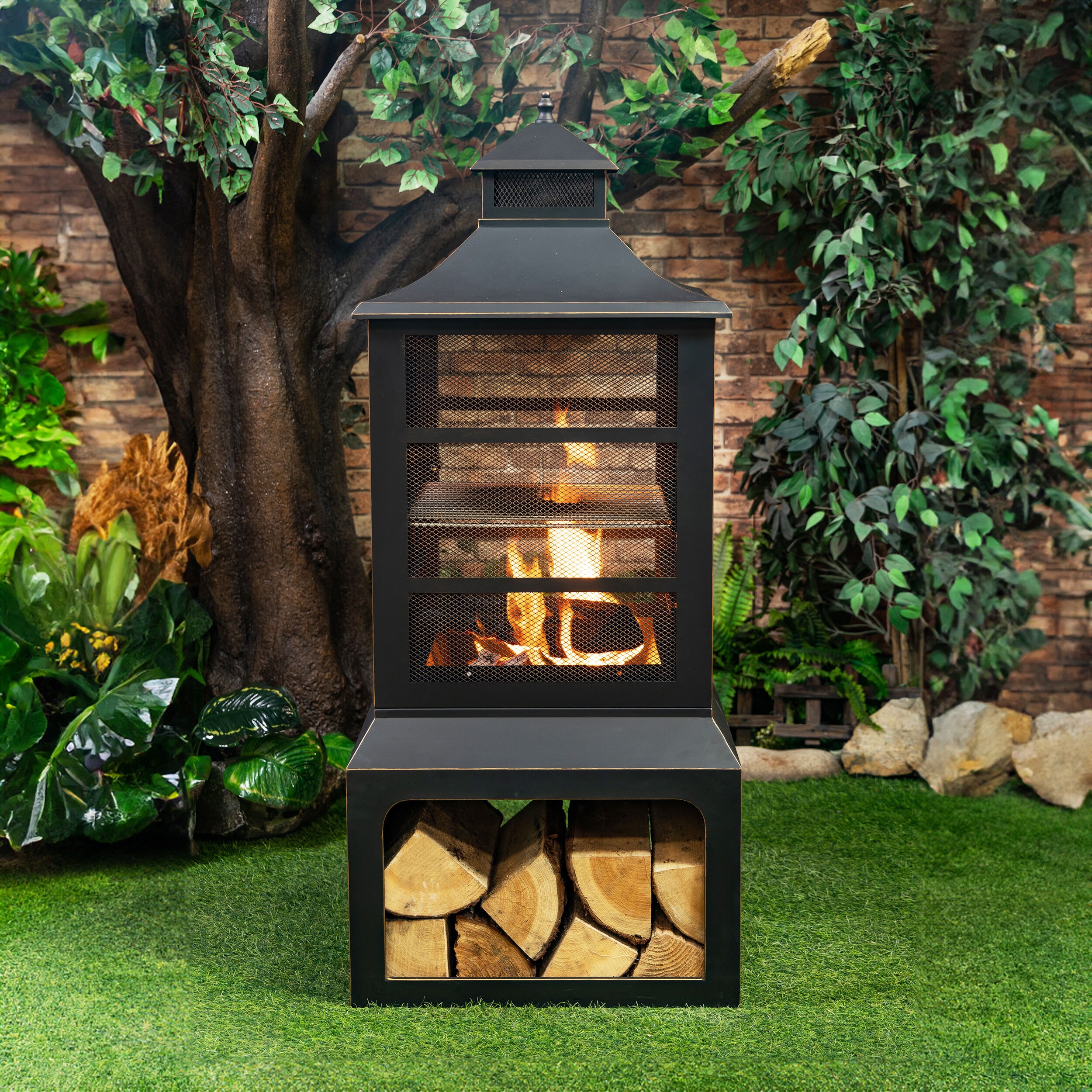 Black Steel Wood Burning Fire Pit with Log Storage