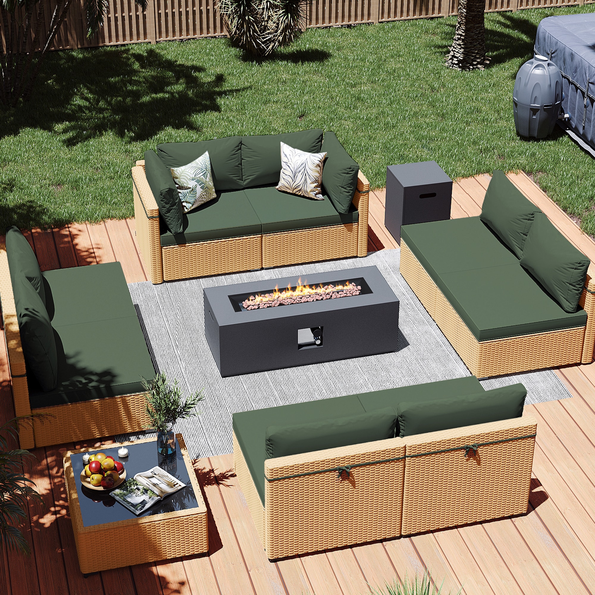 Patio Watcher LS-RT9-KD42CDK-Y3 10 -Piece Rattan Patio Conversation Set with Green Cushions