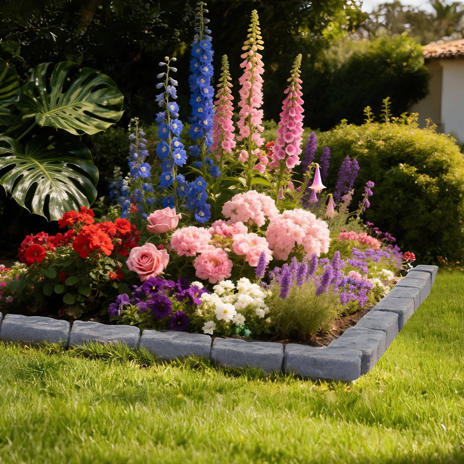 VEVOR Faux Stone Landscape Edging 15.5 ft Kit No Dig Garden Edging Border Blocks for Lawn Flower Beds Yard 4 Pack Each Section Has 6 Bricks 46.46inL x 3.74inW x 2.24inH 16 Spikes and 4 Corners Gray