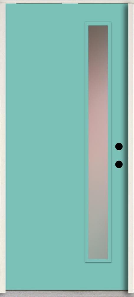 RELIABILT LO1065436 Spotlights 32-in x 80-in x 4-5/8-in Fiberglass 1/4 lite Left-hand inswing Caribbean Blue Paint Painted Prehung Front Door Insulating core