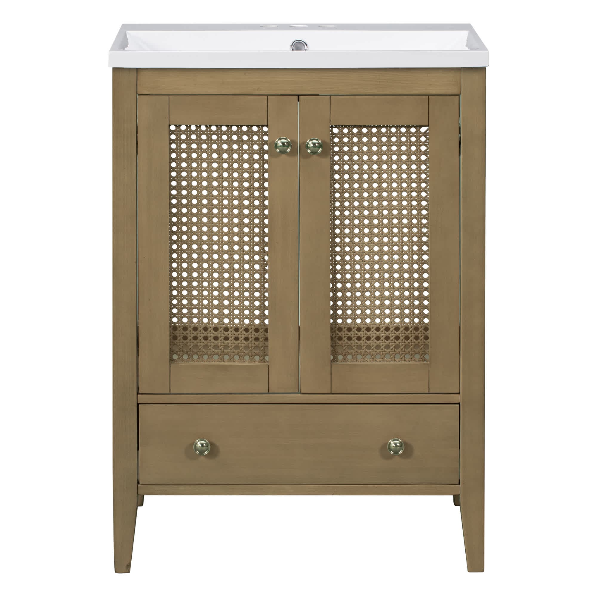 Vynxaria LEXY1186-DJYS-SZT001 24 Inch Bathroom Vanities with Ceramic BasInch Rattan Storage CabInchet Natural Wood Vanity