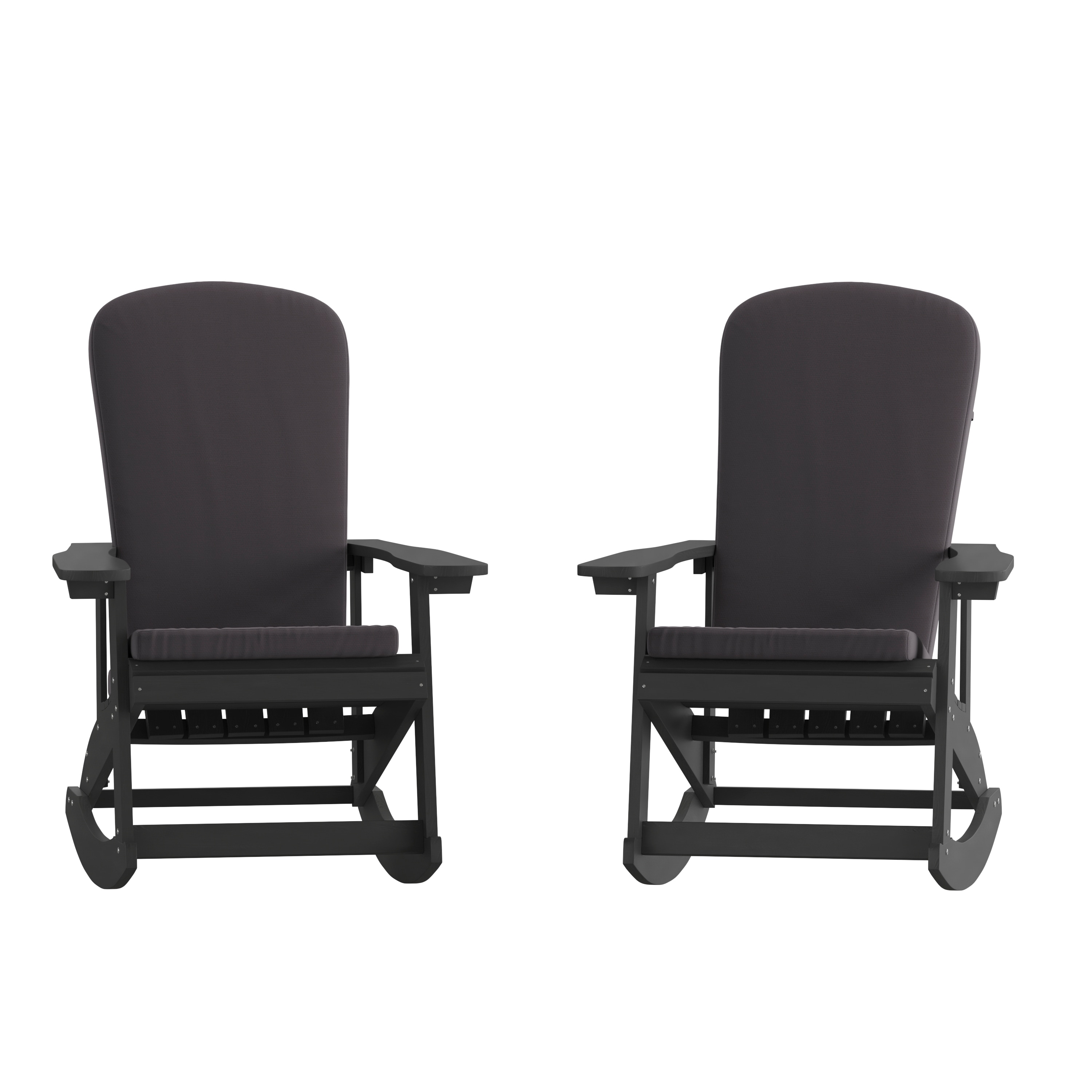 Flash Furniture 196861045295 Savannah Set of 2 All-Weather Poly Resin Wood Adirondack Rocking Chairs in Black with Gray Cushions for Deck; Porch; and Patio