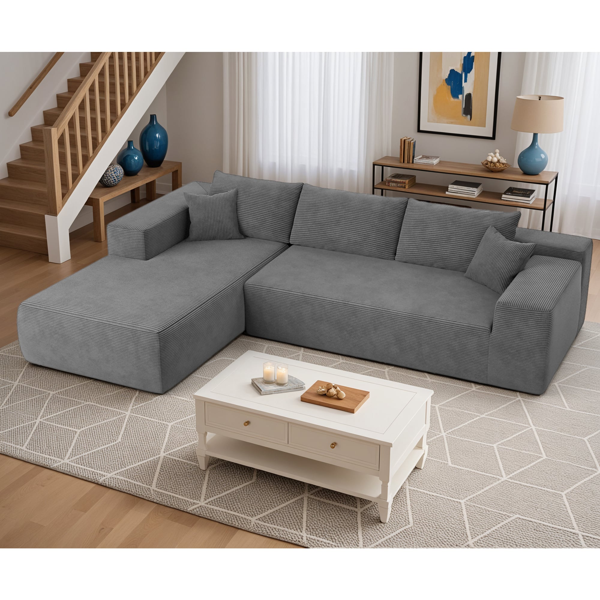 Pouuin SVI90L 104.3-in Modern Gray Corduroy 3 -seater Sectional