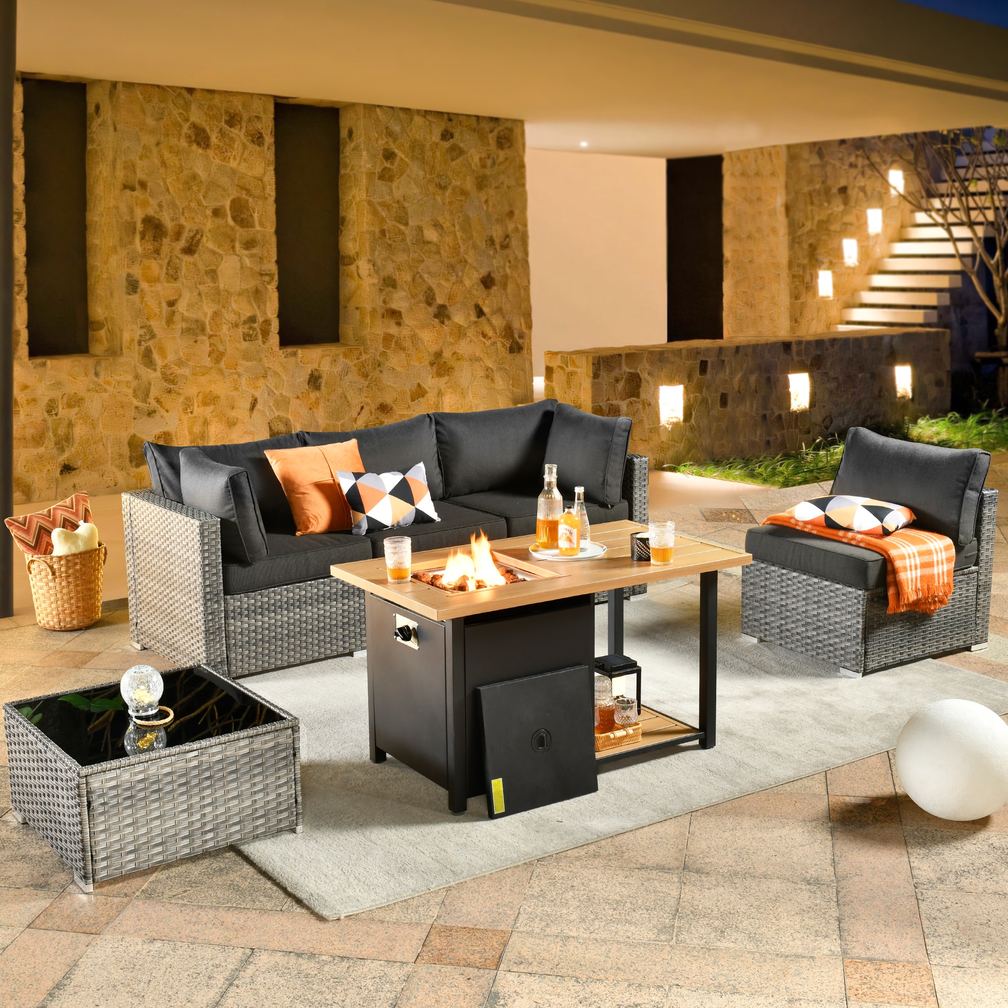 weaxty DDFPRRS106 Kuuga 6-Piece Rattan Patio Conversation Set with Black Cushions