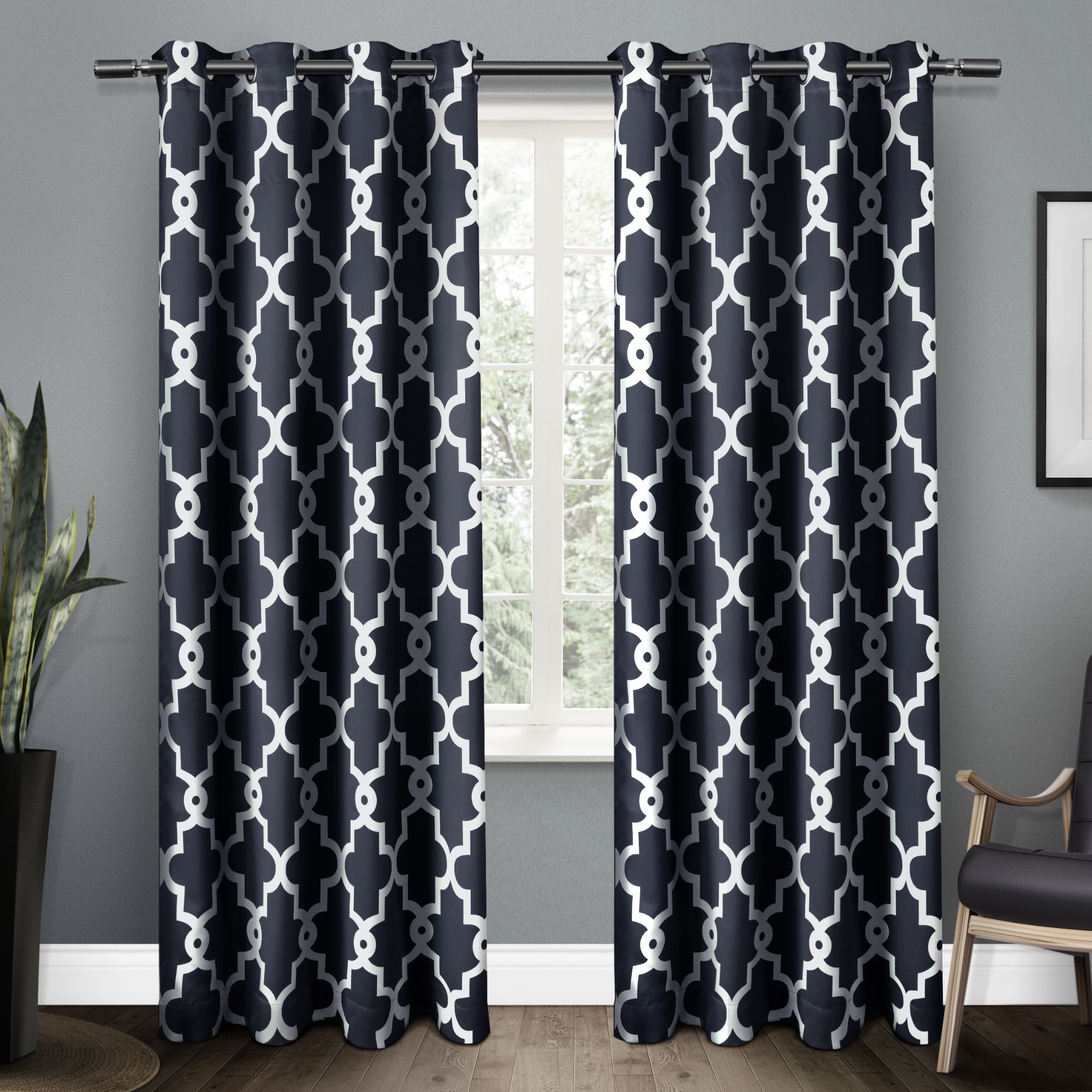 Exclusive Home EH7944-04 2-84G 84-Inches Peacoat Blue Geometric Room darkening Interlined Grommet Curtain panel pair