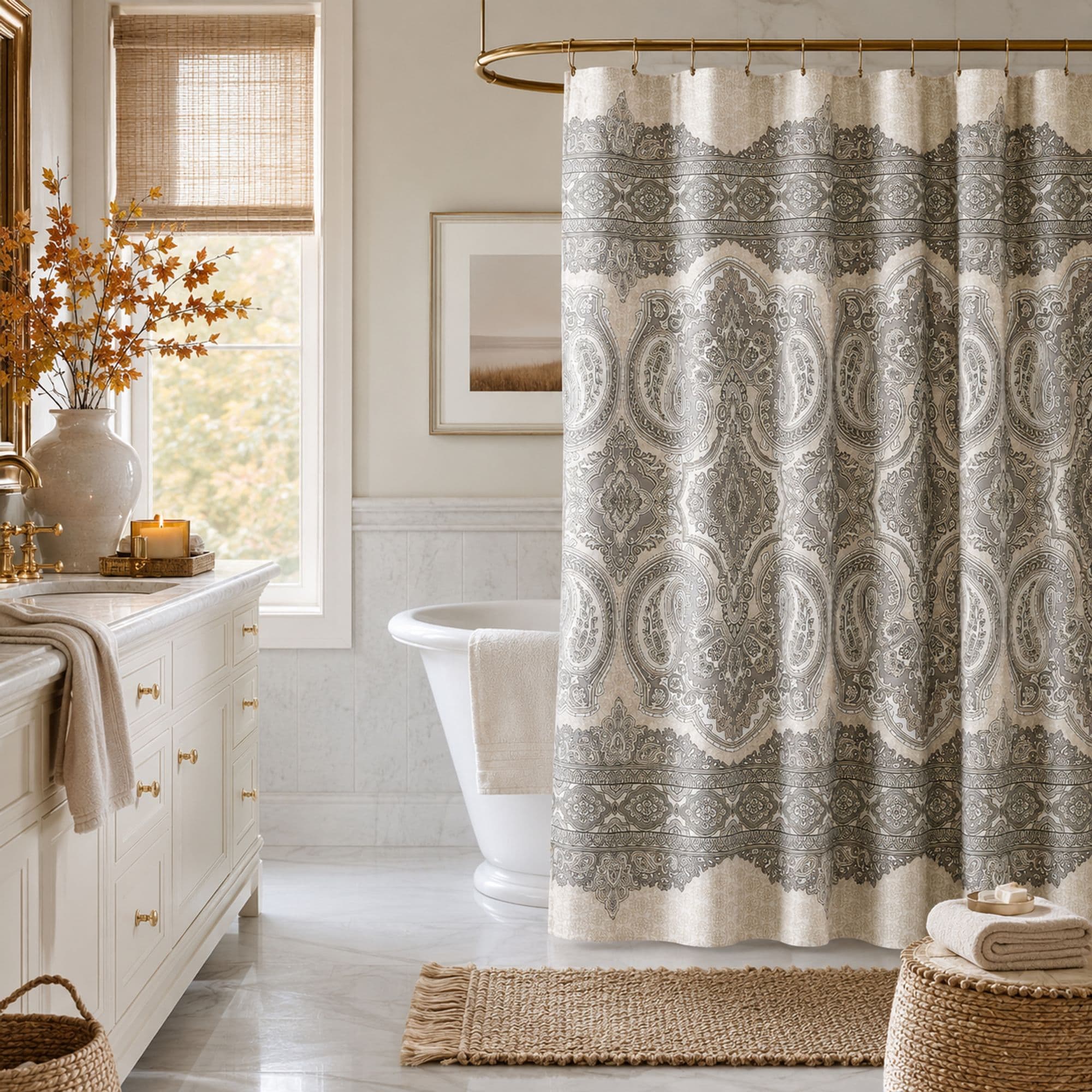 KATE AURORA French Chateau Paisley Chic Premium Fabric Shower Curtain
