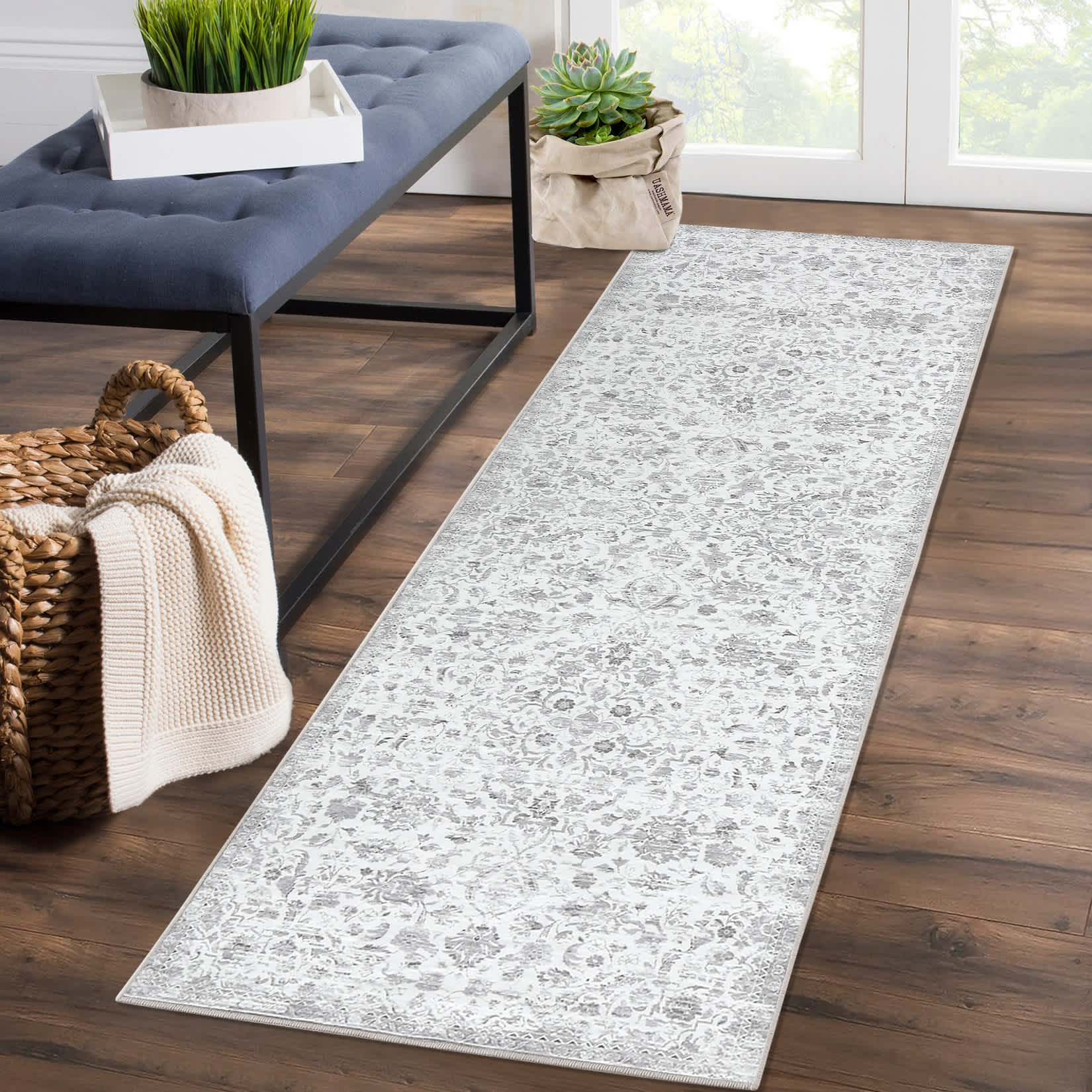 Qeetex MIERUG-PHO-0ZKX8F95 2 x 6 ft Polyester Grey Rectangular Laundry Bathroom Kitchen Laundry Floral Print Soft Non Slip Vintage Machine Washable Runner Rug