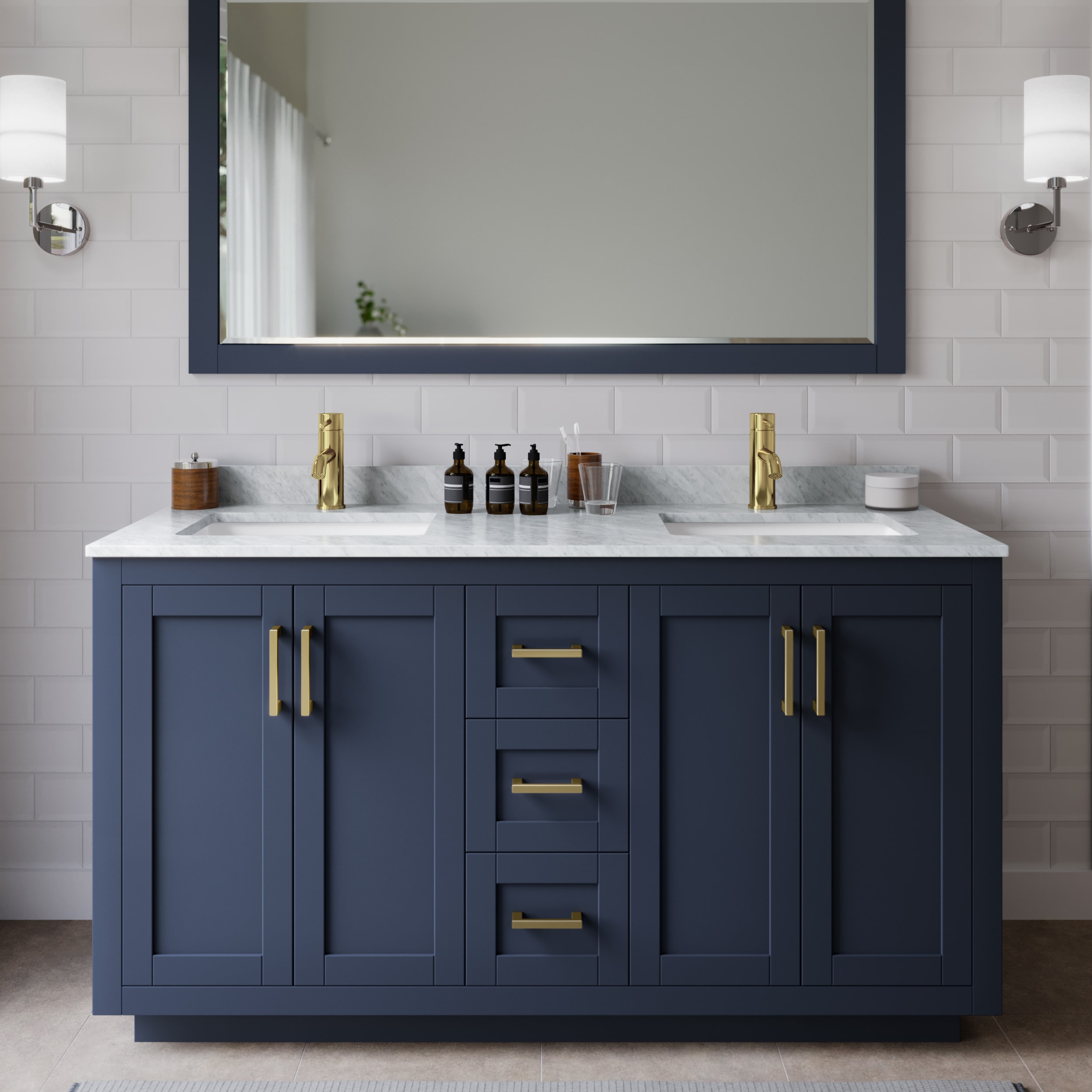Wyndham Collection WCF292960DBLCMUNSMXX Miranda 60-in Dark Blue with Brushed Gold Trim Undermount Double sink Bathroom Vanity with White Carrara Marble Marble Top