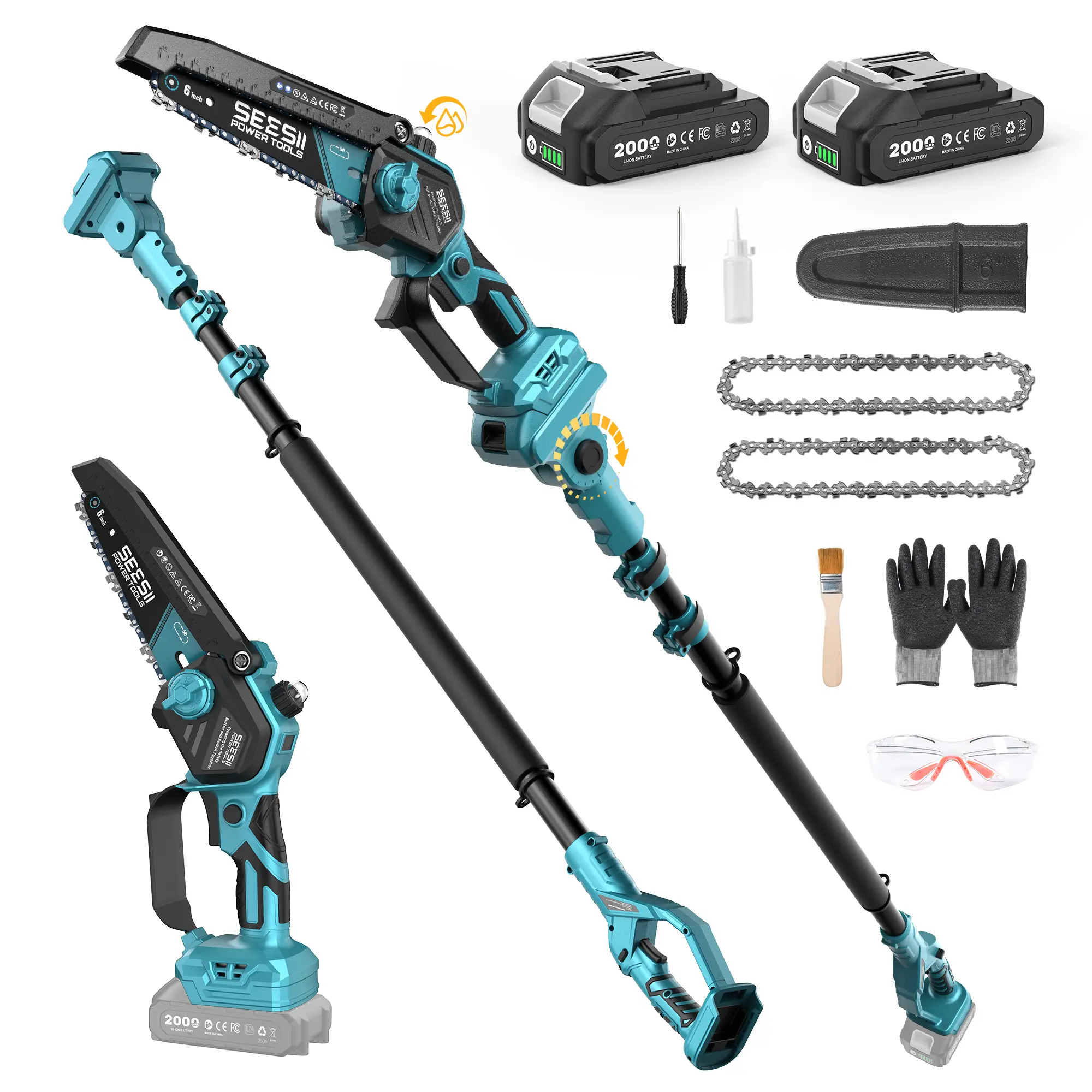 SeeSii  2 in 1 Electric Pole Saws for Tree Trimming 6 Inch Mini Chainsaw Cordless with Extension Pole Battery Powered Pole Chain Saw Tree Trimmer Limb Branch Cutter Pruner with 2 Battery PS600