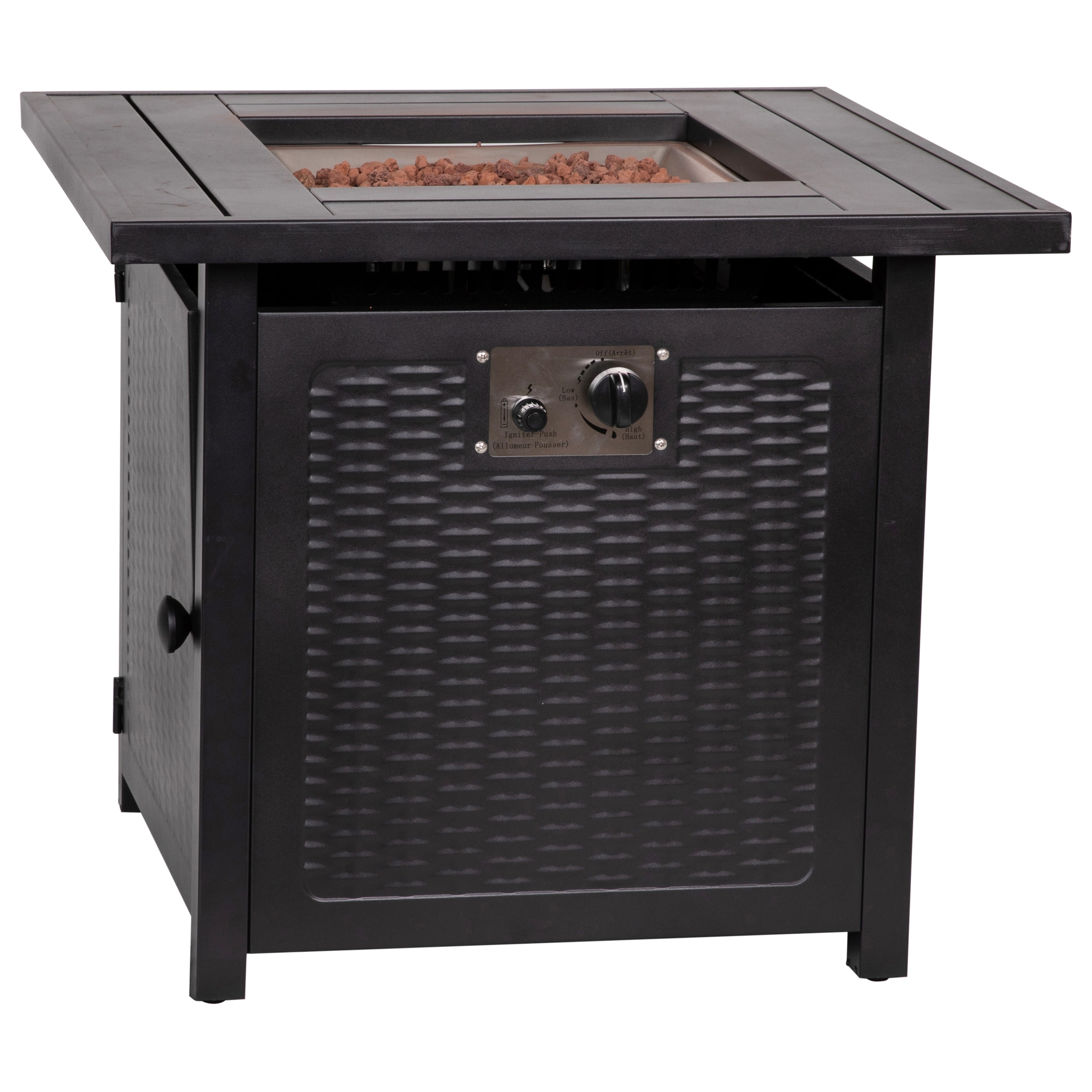 Emma + Oliver 840196377582 Calder 28-in Square 50;000 BTU Propane Fire Table with Black Steel Wicker Motif Frame; Steel Top and Lid; Included Lava Rocks and Hideaway Tank Holder