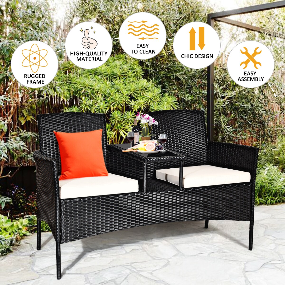 Black Rattan Outdoor Loveseat with Cushions and Glass Table