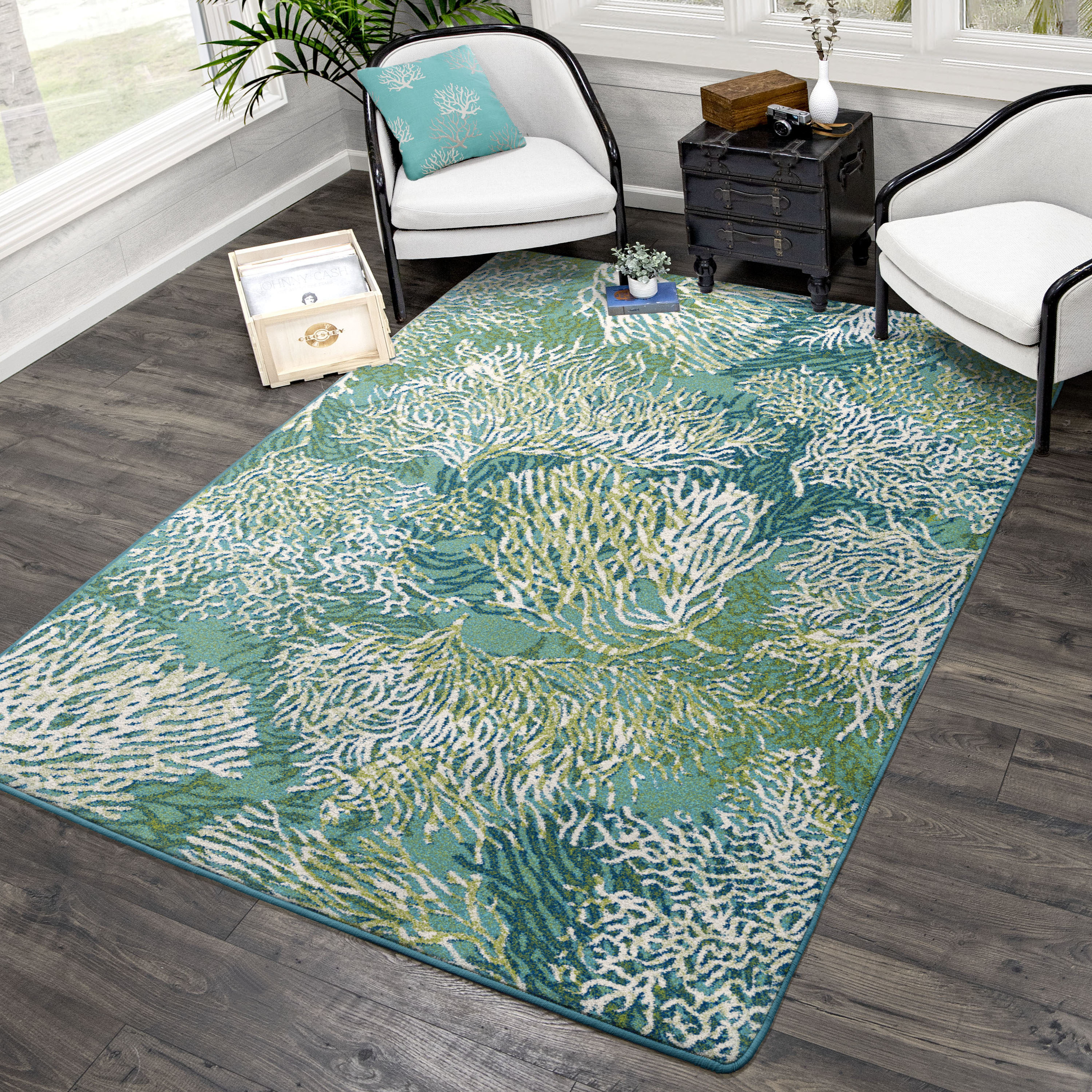 American Dakota 0271AQU201 Oceanic Blooms 5 x 8 (ft) Tufted Nylon Aqua Rectangular Indoor Coastal Area rug
