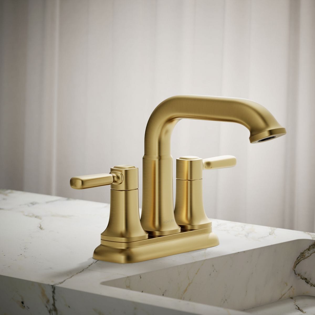 KOHLER K-R33043-4D-2MB Ealing Vibrant Brushed Moderne Brass 4-in centerset 2-handle WaterSense Mid-arc Residential Handle Bathroom Sink Faucet with Drain