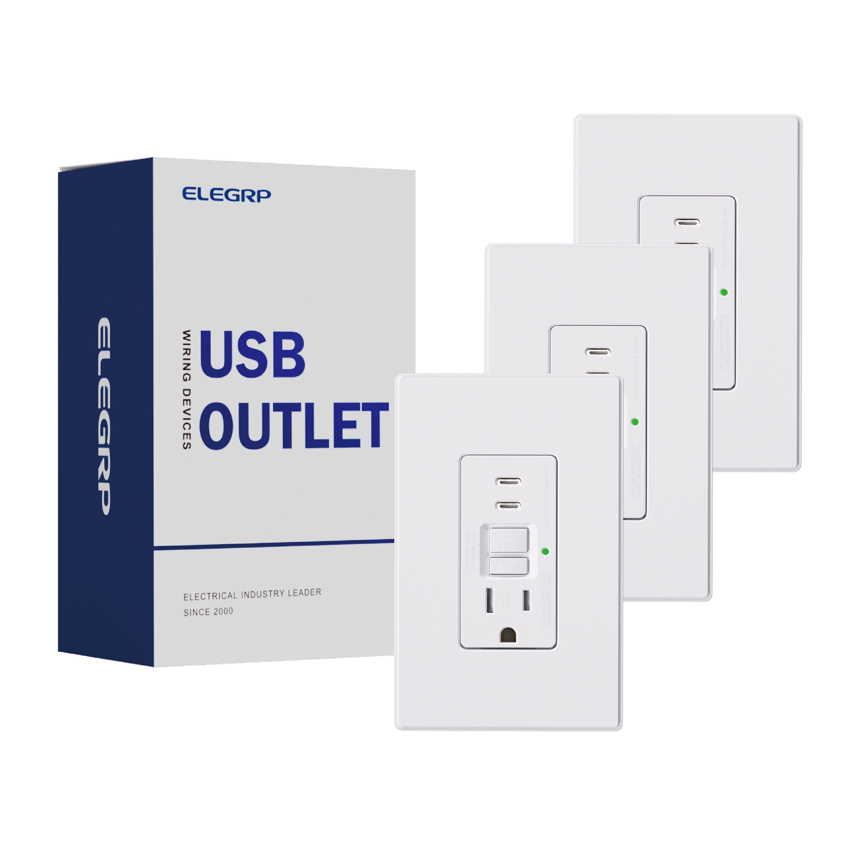ELEGRP  15 Amp Tamper Resistant Self Test GFCI Outlet and 24W In Wall USB Charger combo Receptacle Type C Midsize Screwless Wall Plate included UL and CUL Listed White 3 pack