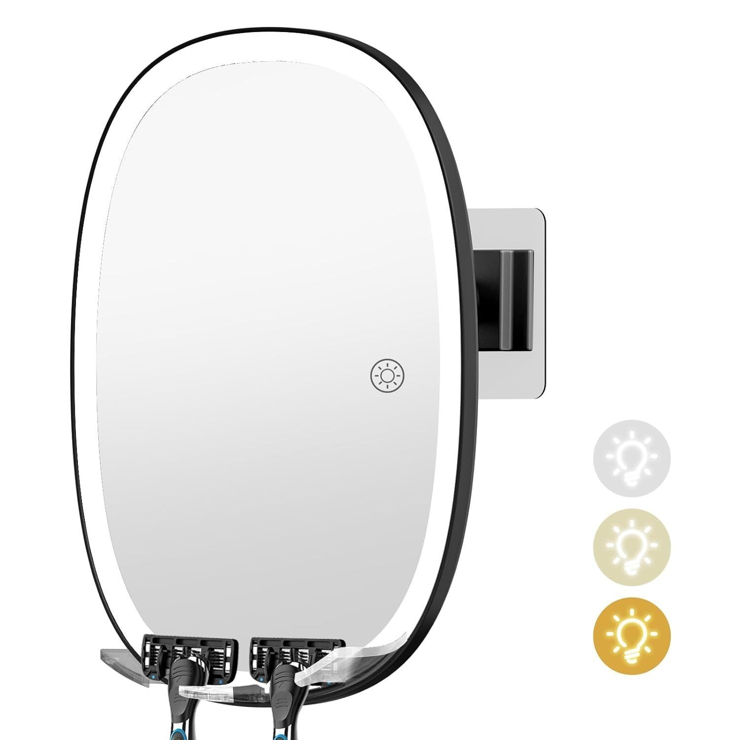 COSMIRROR  6.69-in W x 8.42-in H Black Fogless Lighted Shower Mirror with Razor Holder