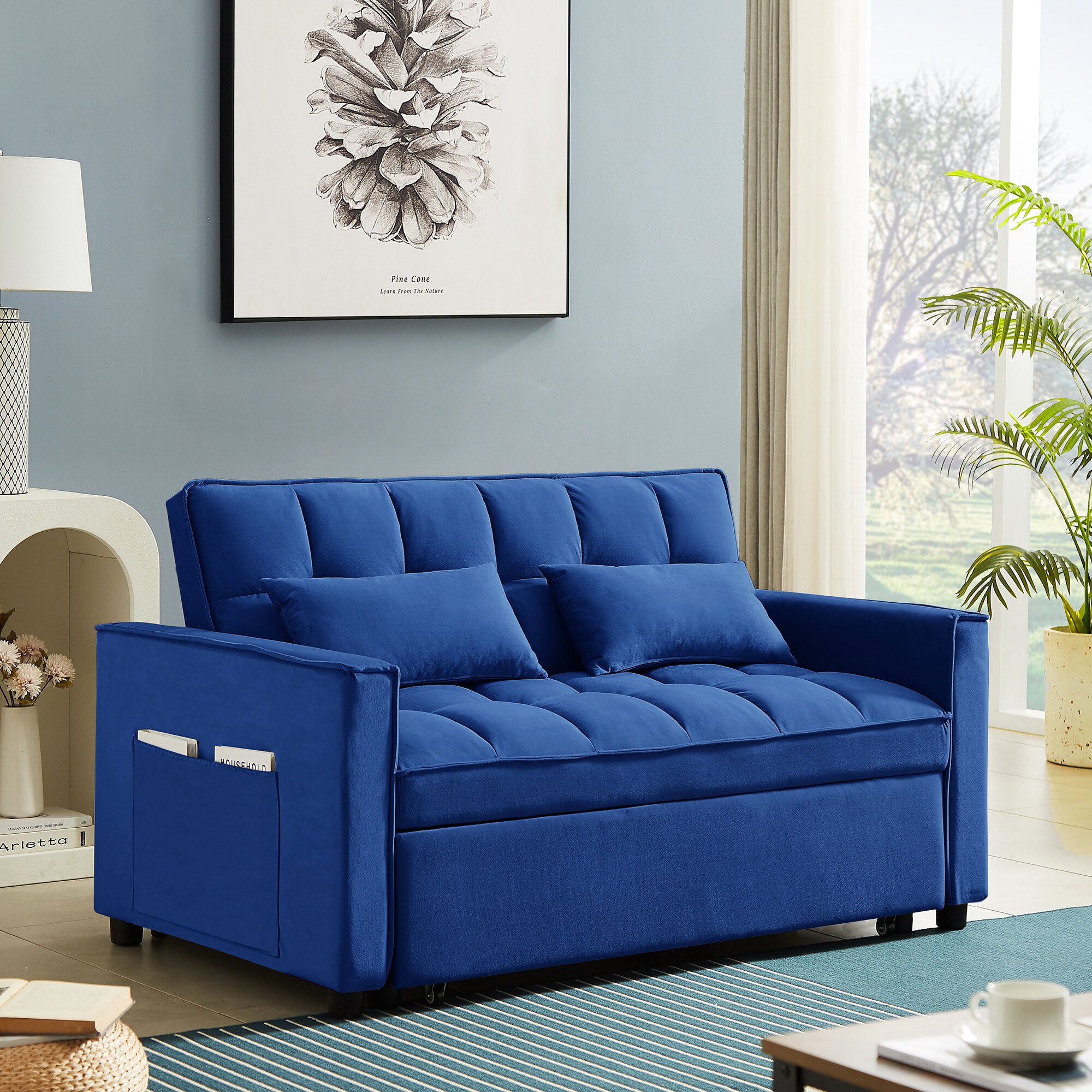 Clihome Loveseat 57-in Modern Blue Velvet 2-seater Reclining Sofa in ...