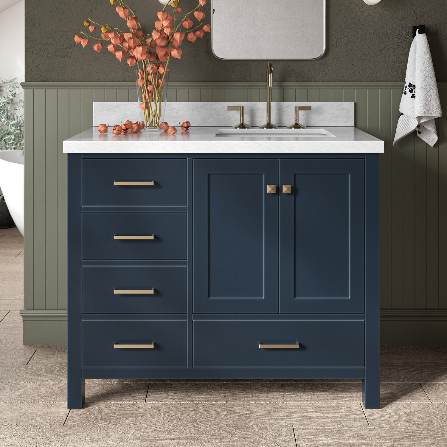 ARIEL A043SRCWRVOMNB Cambridge 43-in Midnight Blue Undermount Single sink Bathroom Vanity with Carrara White Marble Natural marble Top
