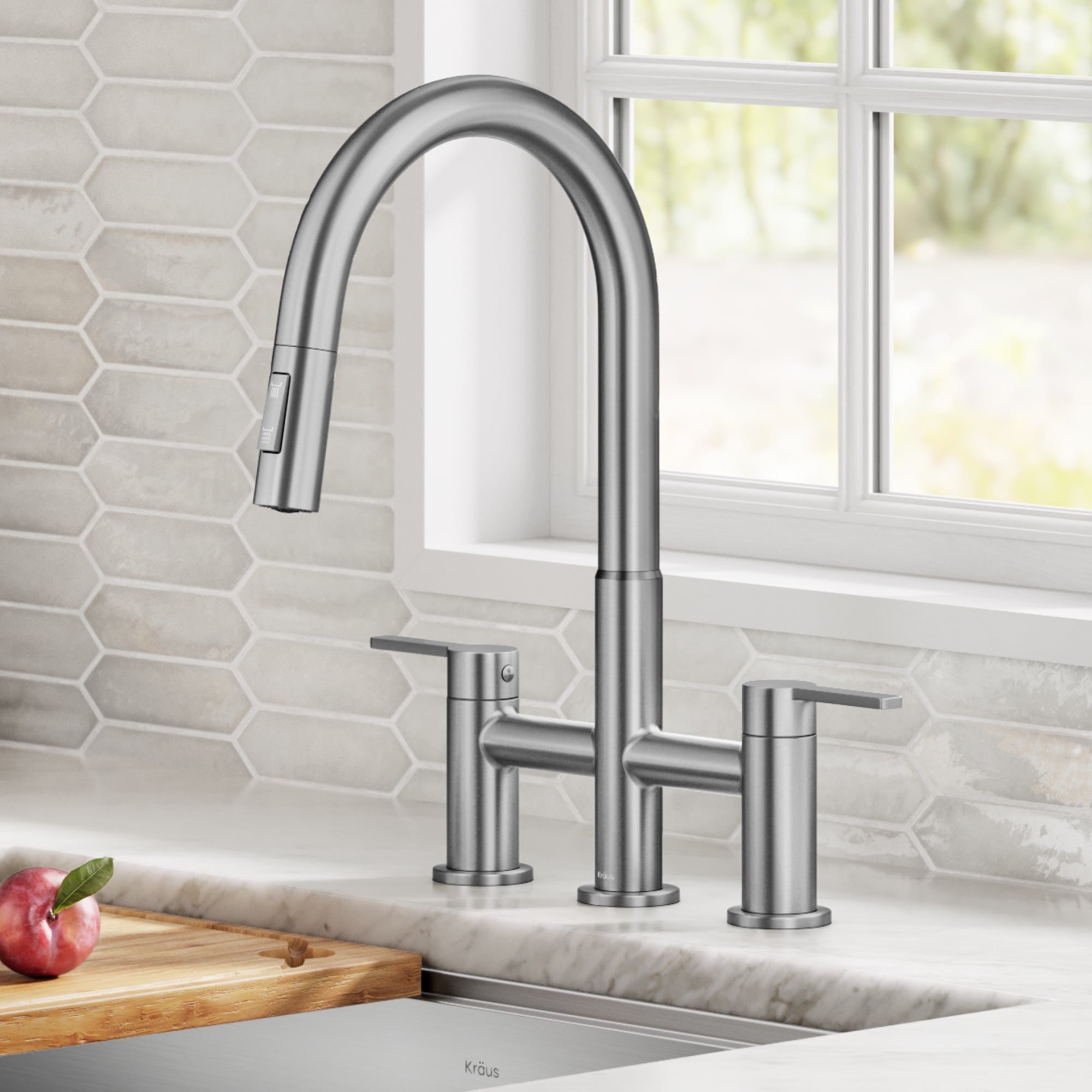 Kraus KPF-3122SFS Oletto Spot Free Stainless Steel Double Handle Deck-mount Bridge Kitchen Faucet with Sprayer