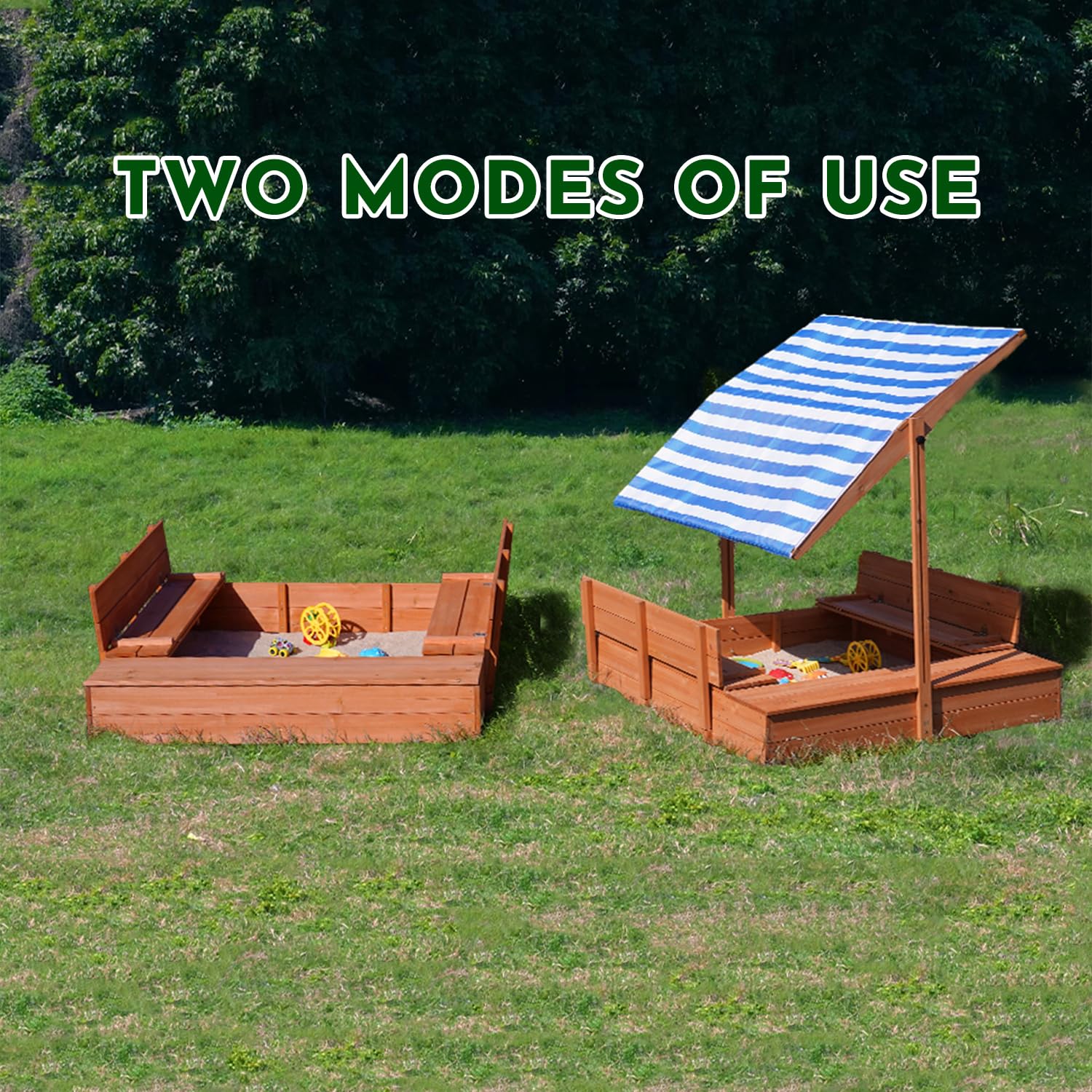 Etokfoks Kids Wooden Outdoor Sandbox with Canopy Cover and Foldable ...
