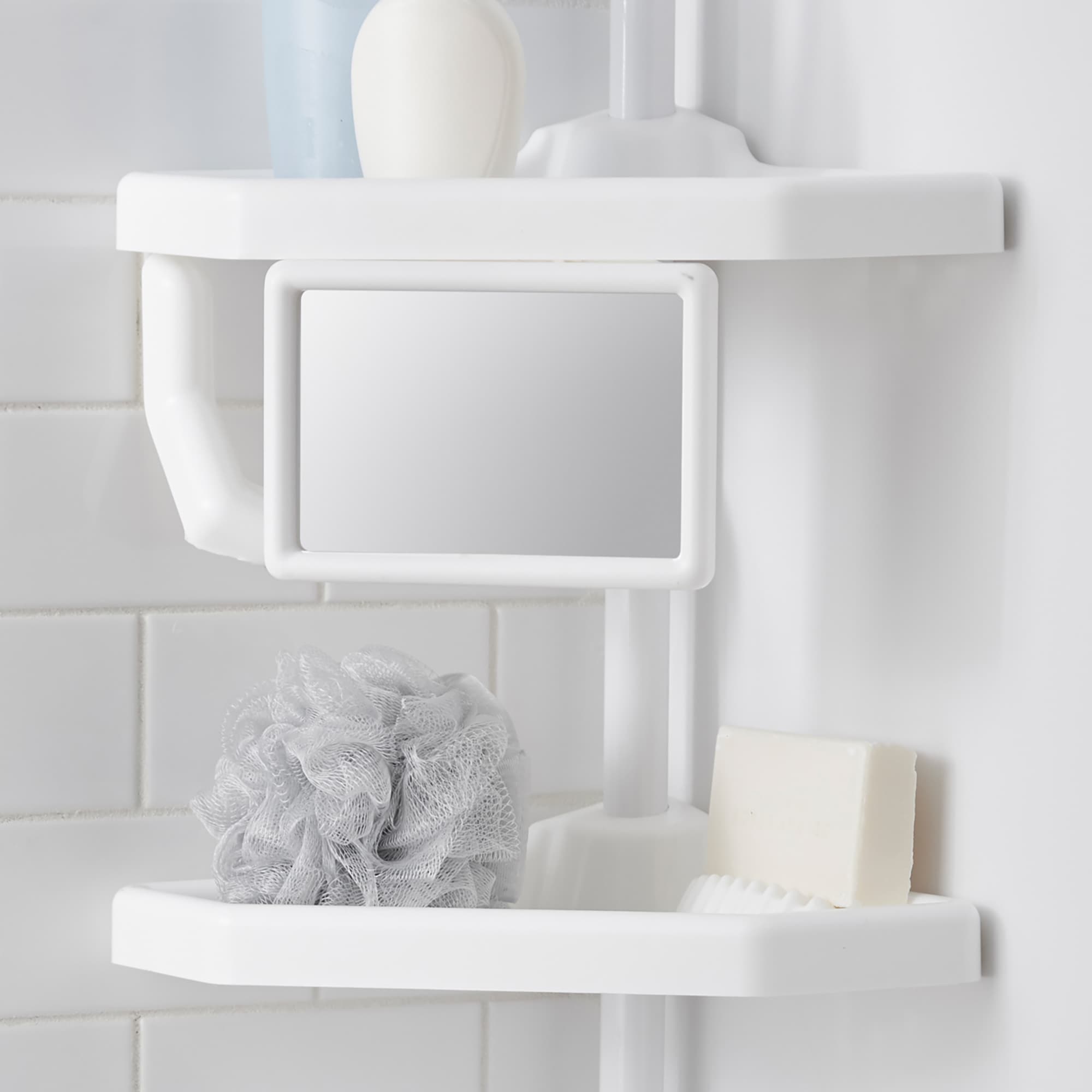 White Bathtub Shower Tension Corner Caddy Metal Pole 4 Adjustable Plastic  Shelf