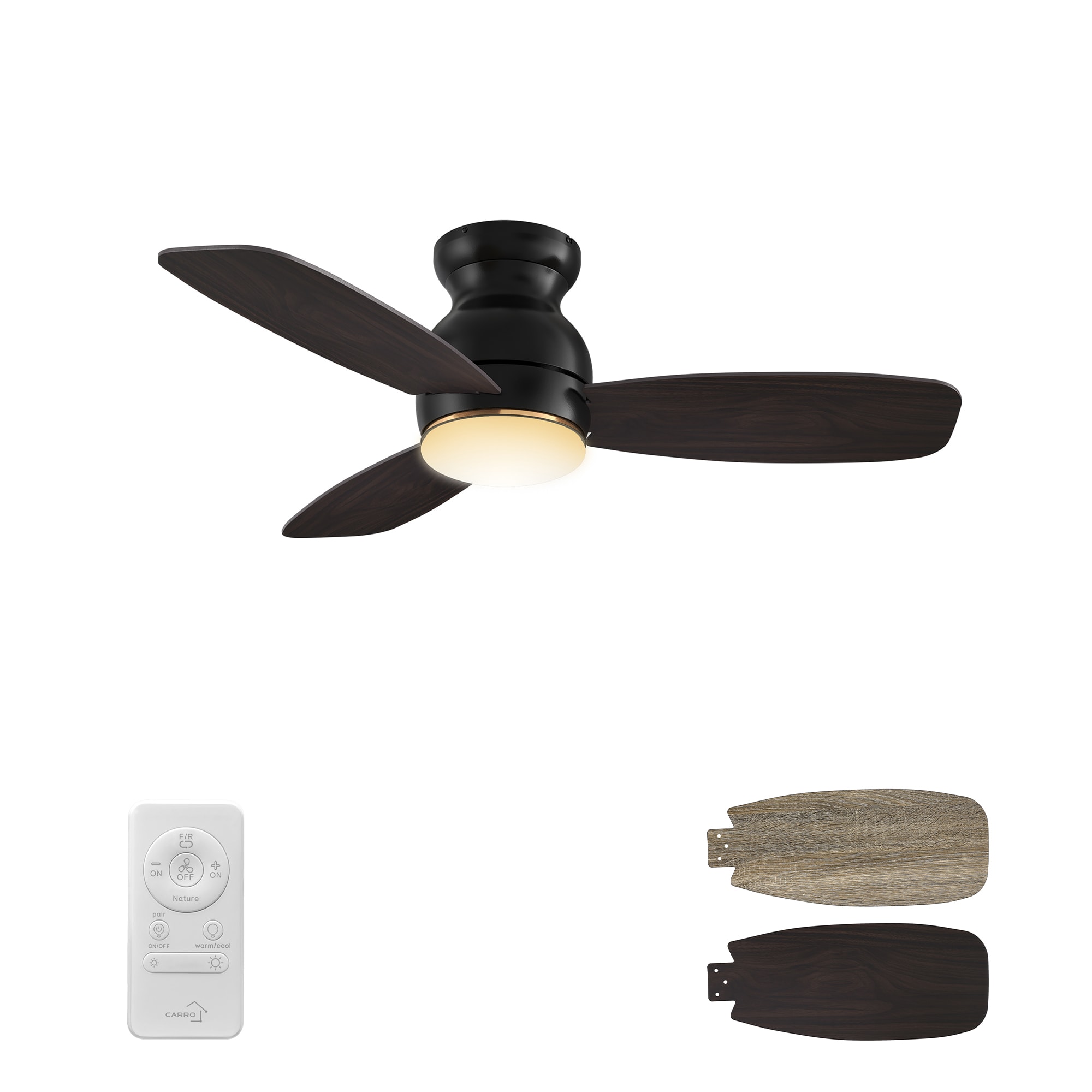 CARRO USA LYDC443Q-L11-BG-1-FM Arran 44-in Integrated LED Flush Mount Black with Wooden/Walnut Blades Ceiling Fan With Light - Remote Included ( 3 -Blade )