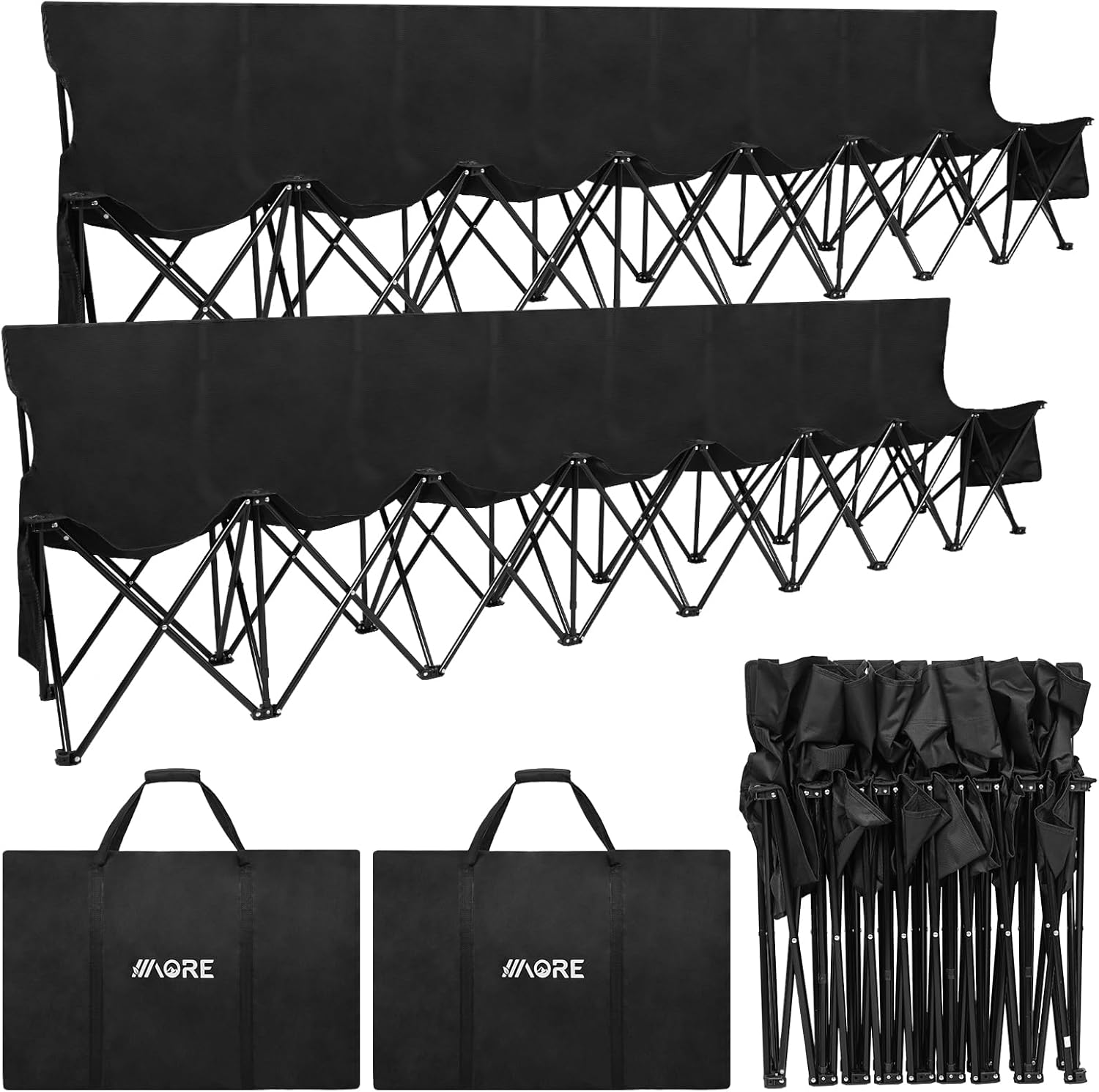 LOVMOR SF-H-CK-BENCH-4 Portable Folding Team Bench 8 Seats Foldable Sideline Benches Soccer Chair with Bag and Backrest Adult Team Chair Black 2PACK