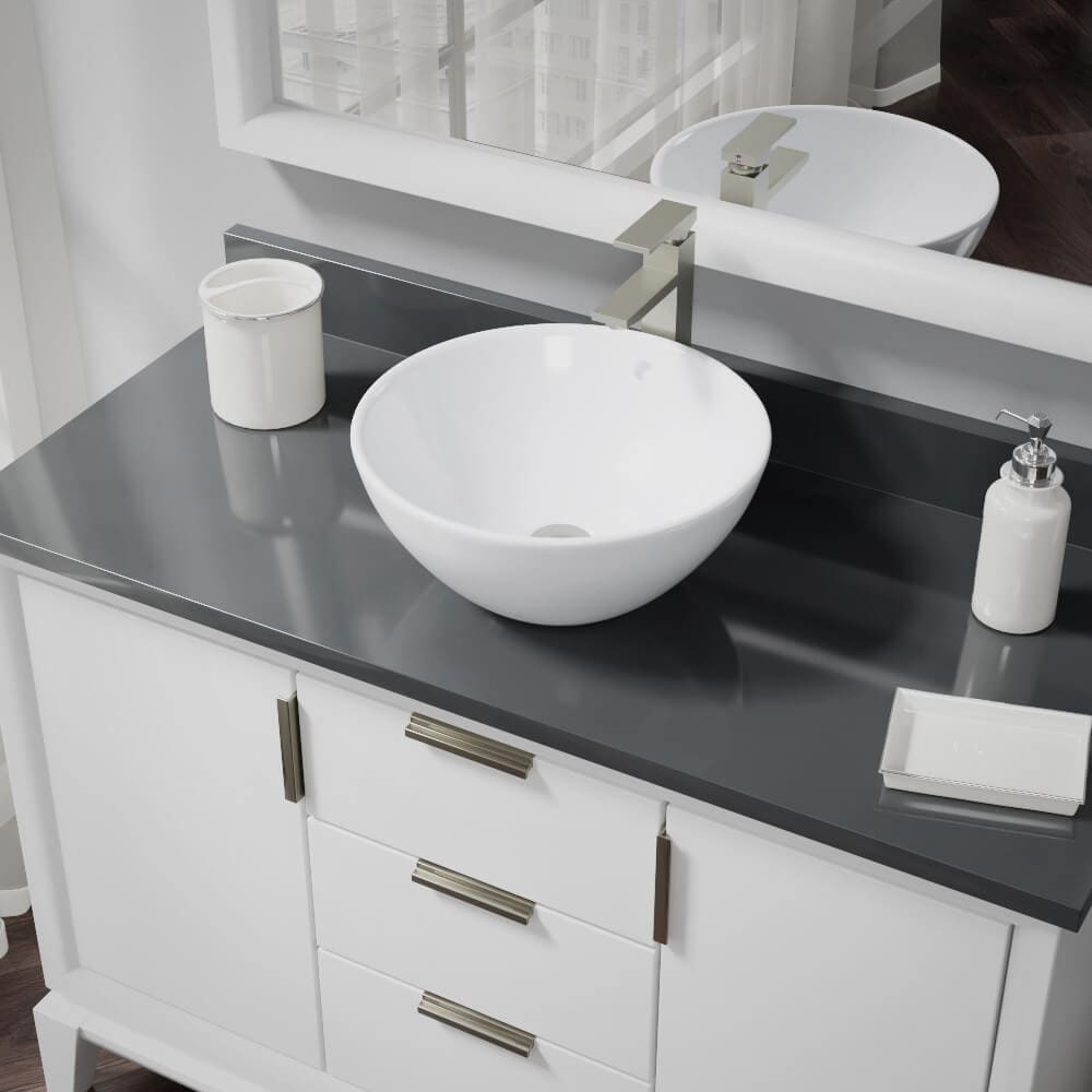 Rene R2-5031-W-R9-7003-BN Porcelain Vessel Round Traditional White Bathroom Sink with Faucet Included with Drain Included ( 16.13-Inches x 16.13-Inches )