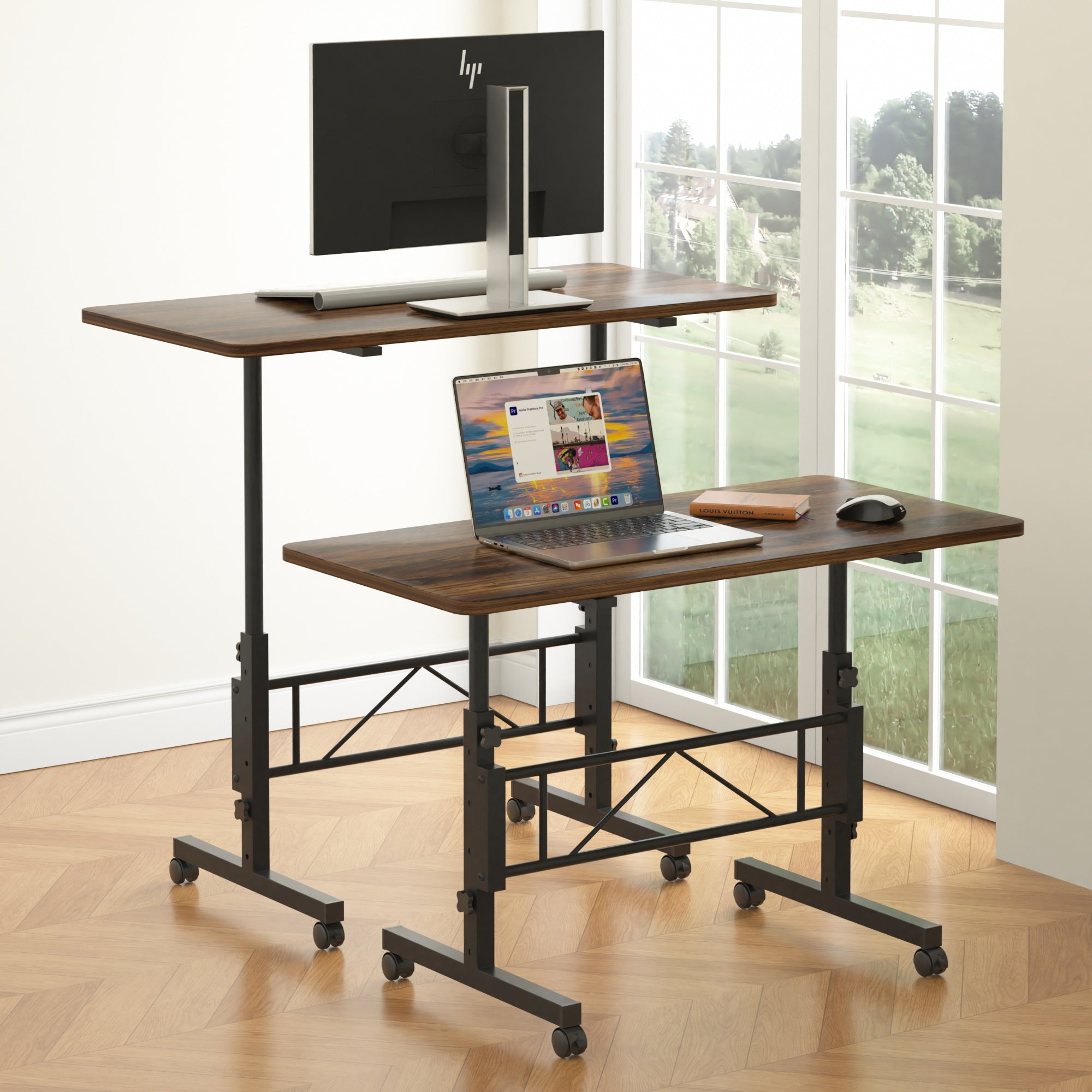 Vecelo LOE-MX-ECD03-BRN Small Standing Desk Adjustable Height Mobile Stand Up Desks With Wheels Portable Rolling Laptop Desks C Side Table with Wheels