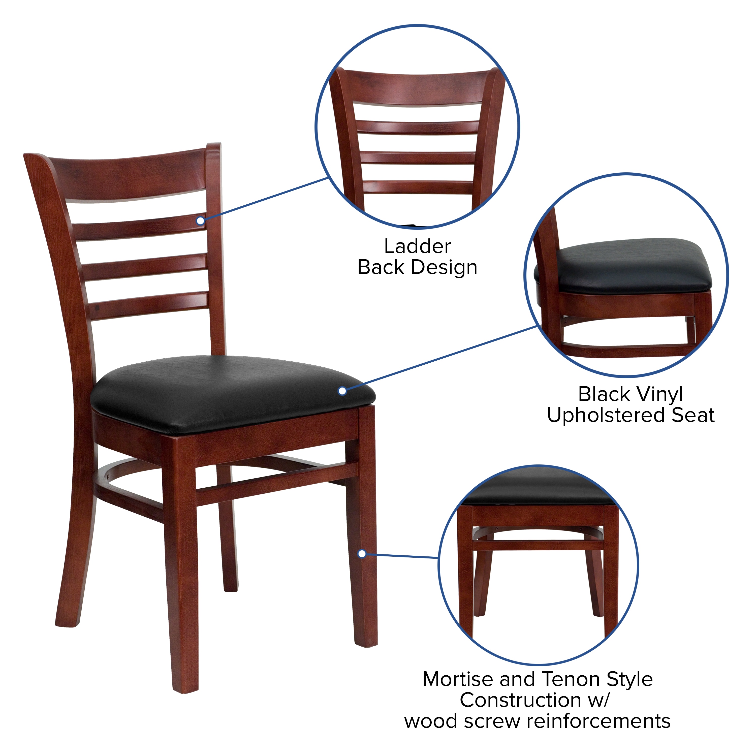 Mahogany Wood Ladderback Chair with Black Vinyl Seat