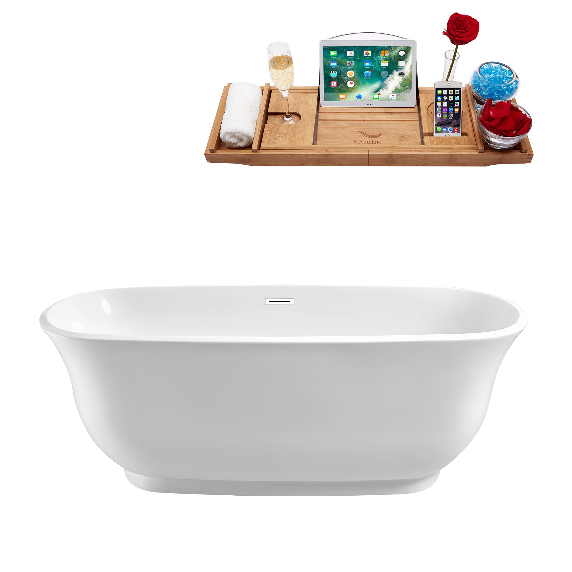 Streamline N660WH 28.3-in x 59.1-in Glossy White Acrylic Oval Freestanding Soaking bathtub with Drain ( Center Drain )