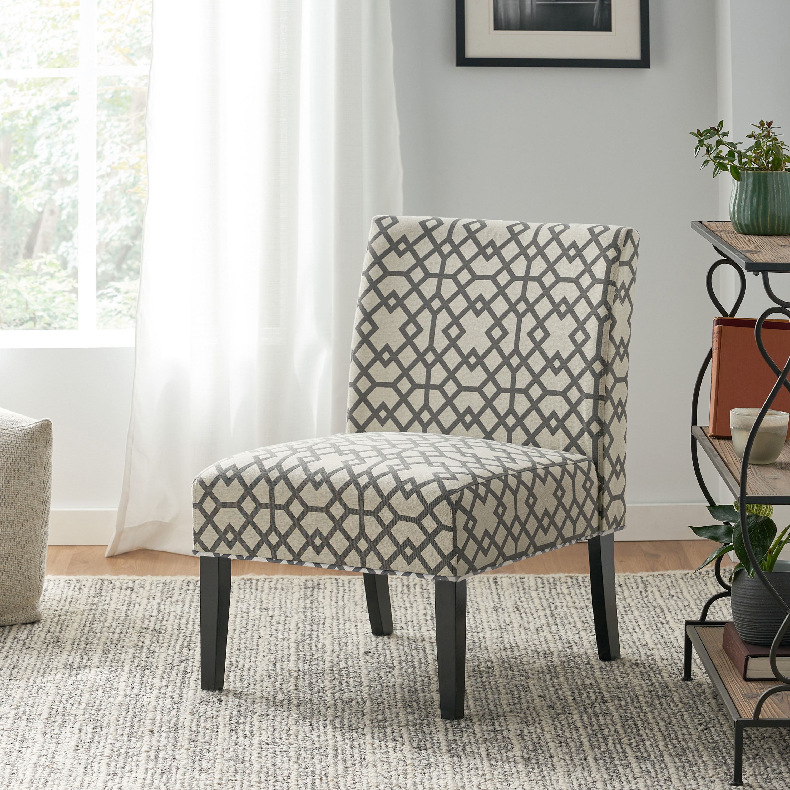 Christopher Knight Home 329761 Kassi Contemporary Fabric Slipper Accent Chair Gray Geometric Pattern and Matte Black