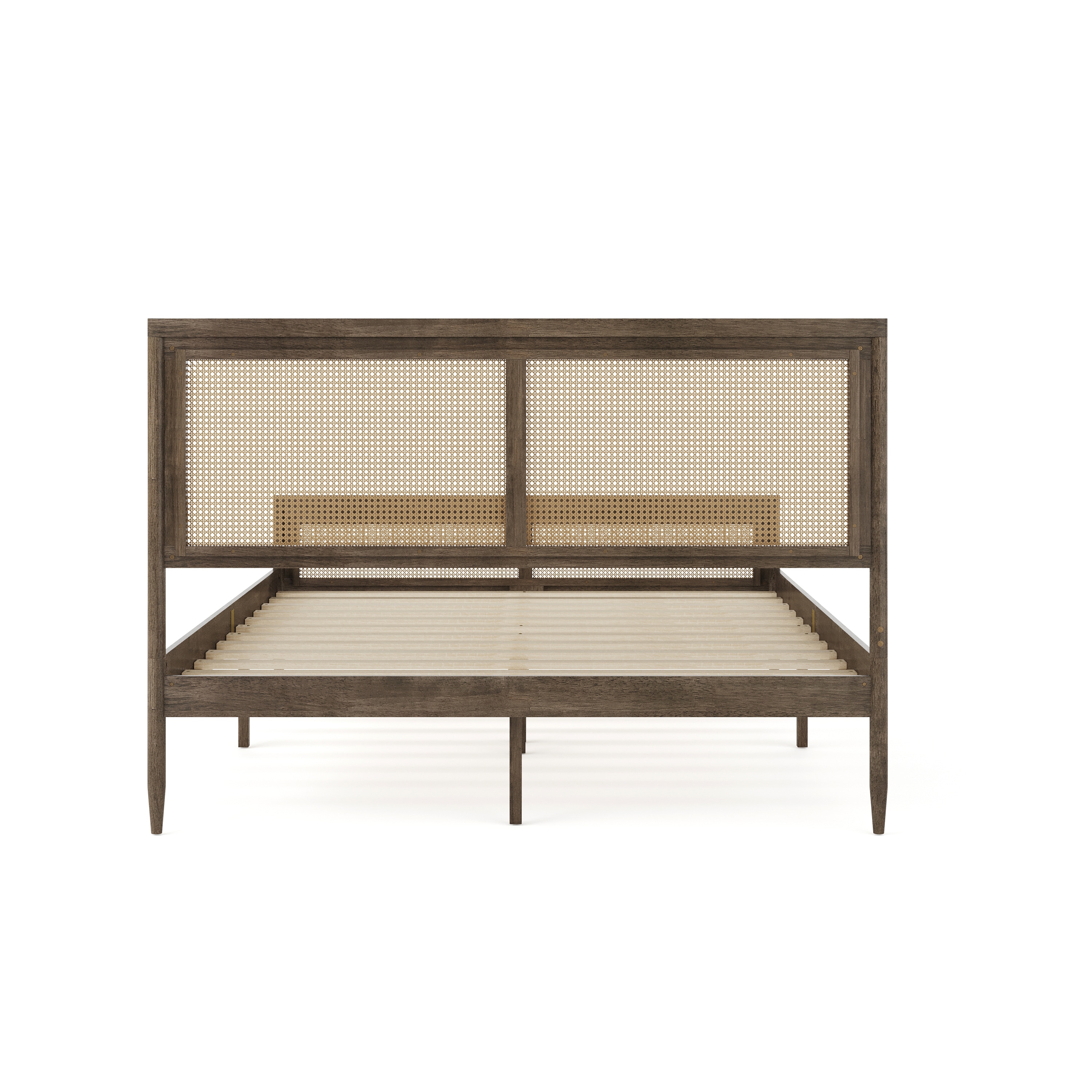 Brown Gray Queen Wood Platform Bed with Rattan Headboard and Footboard