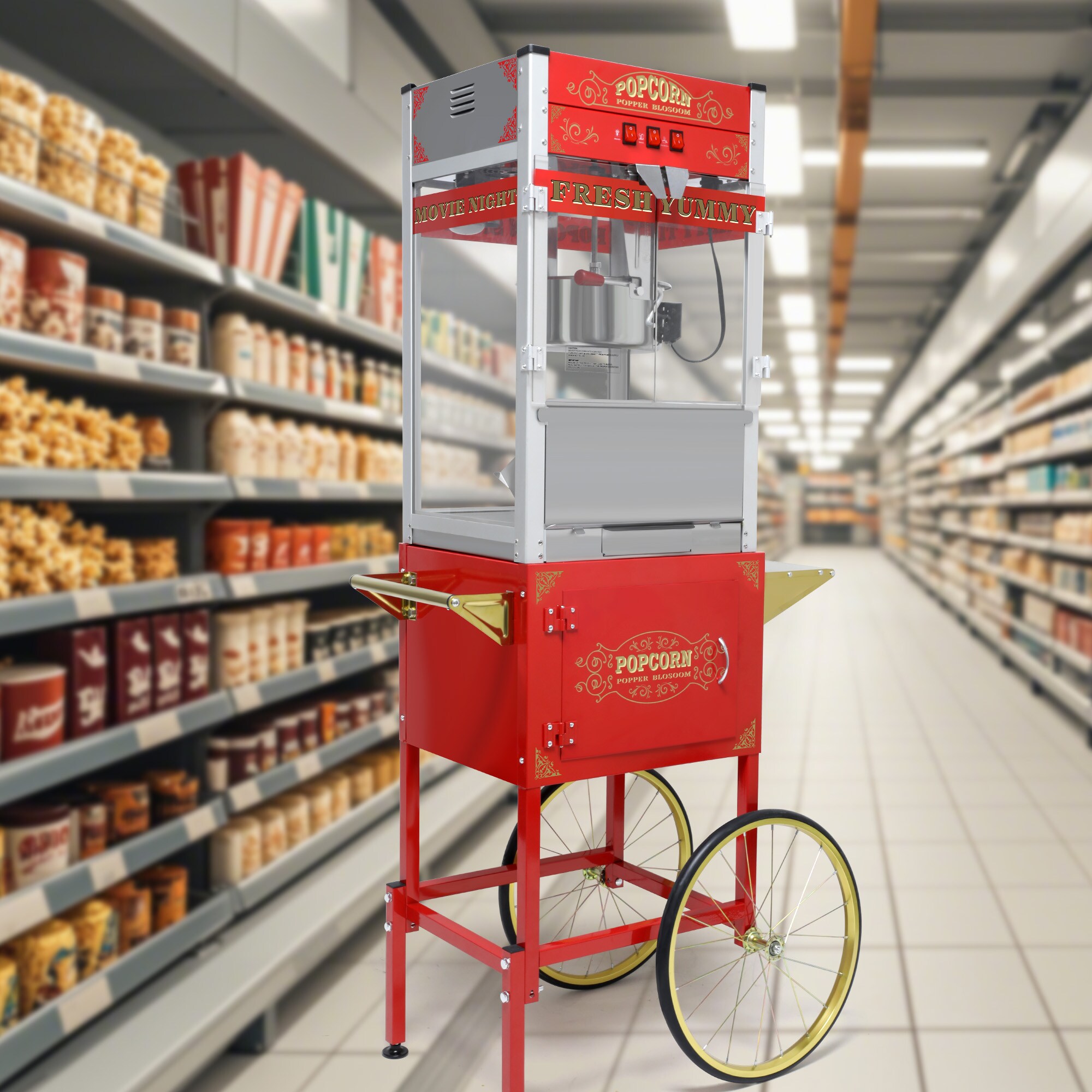 Tatayosi JJ-272021 Popcorn Machine with Cart on Wheels Antique Style with Modern Features 16 Inch Bicycle Style Wheels Cabinet with Storage Space for Popcorn