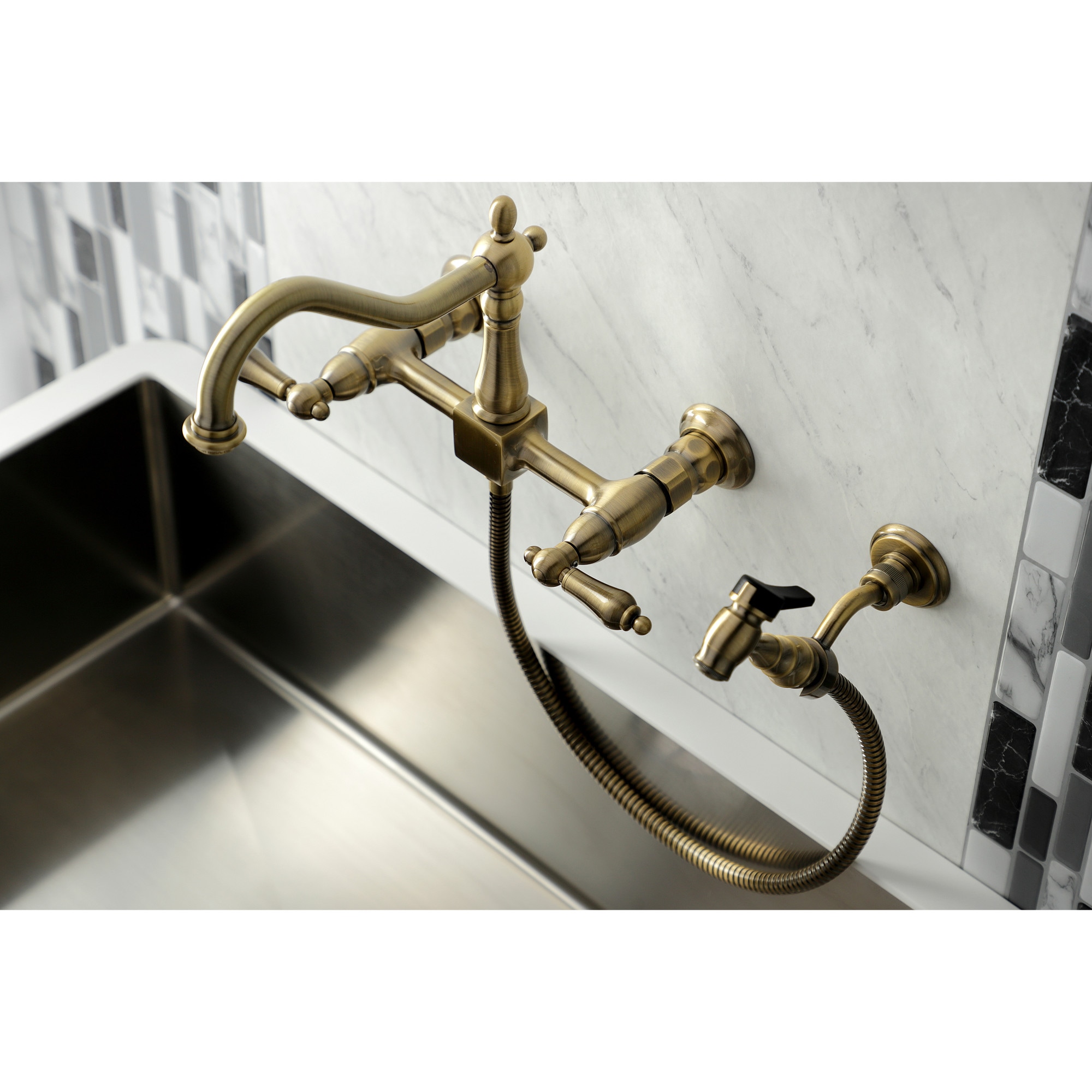 Kingston Brass WLKS1243ALBS Antique Brass Double Handle Wall-mount Kitchen Faucet ( Side Sprayer Included )