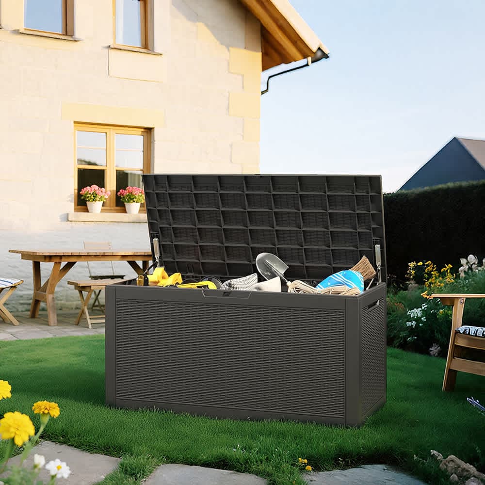 JUJABU YYXBOX-17-1 Black 100 Gallon Deck Box Rattan Waterproof Outdoor for Patio Furniture Cushions