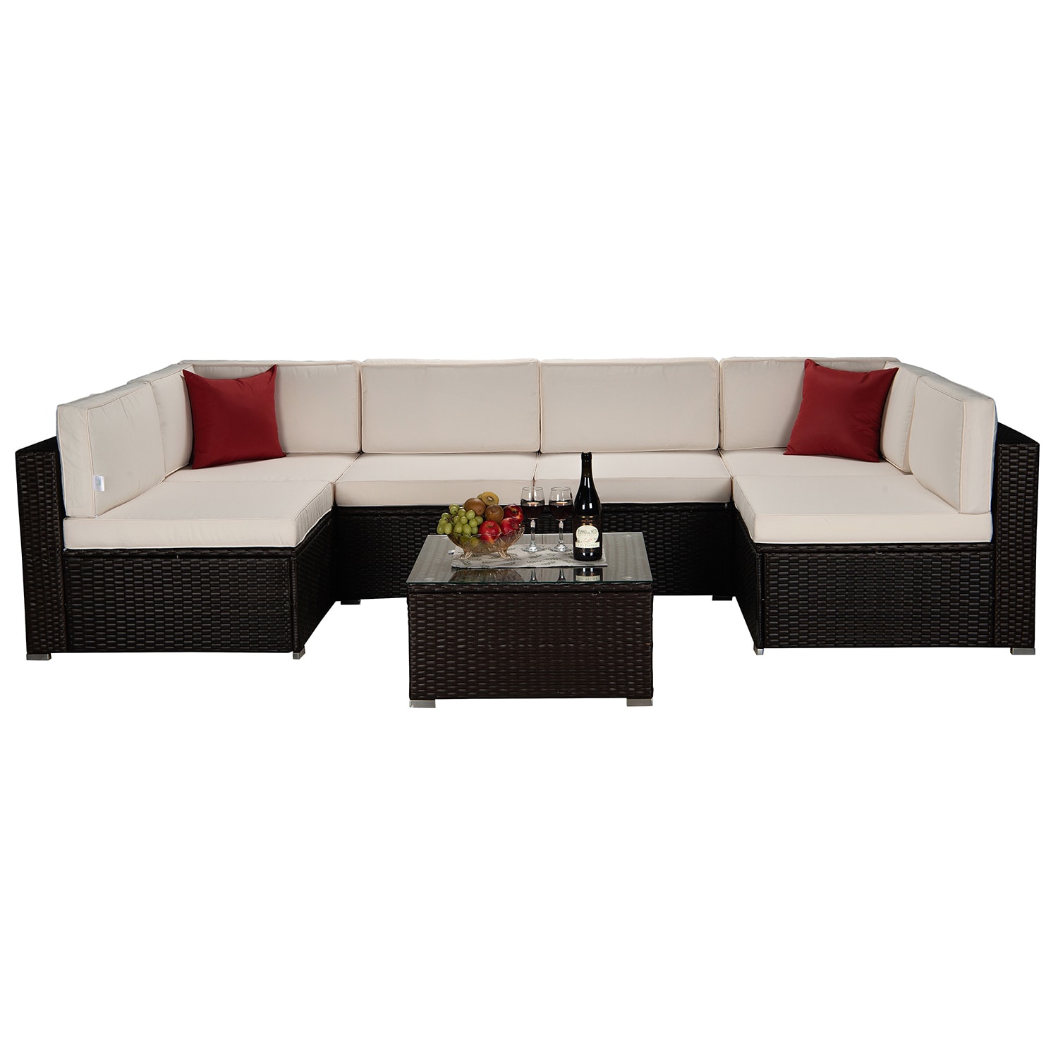 SINOFURN Rattan Outdoor Sectional with Red Cushion(S) and Rattan